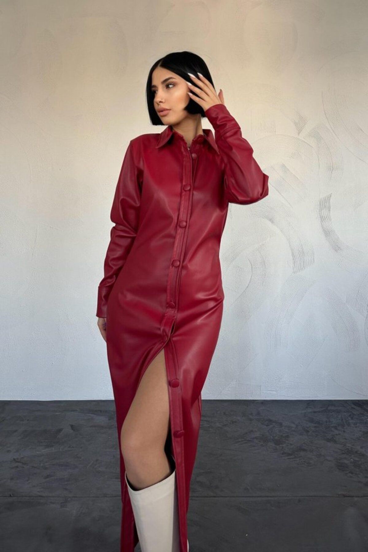 MRA Fashion Fuşya Boydan Düğmeli Deri Elbise
