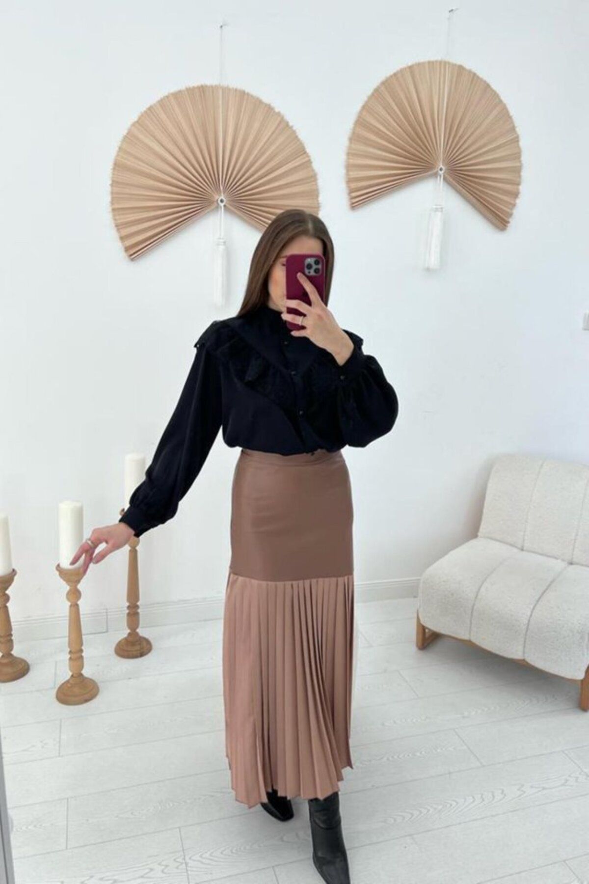 MRA Fashion Vizon Alt Piliseli Deri Garnili Etek