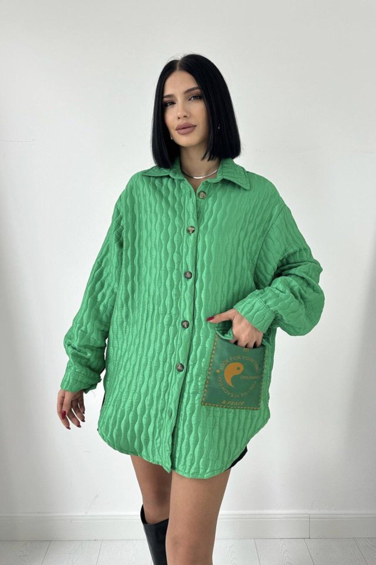 MRA Fashion Yeşil Cepli Kapitone Gömlek
