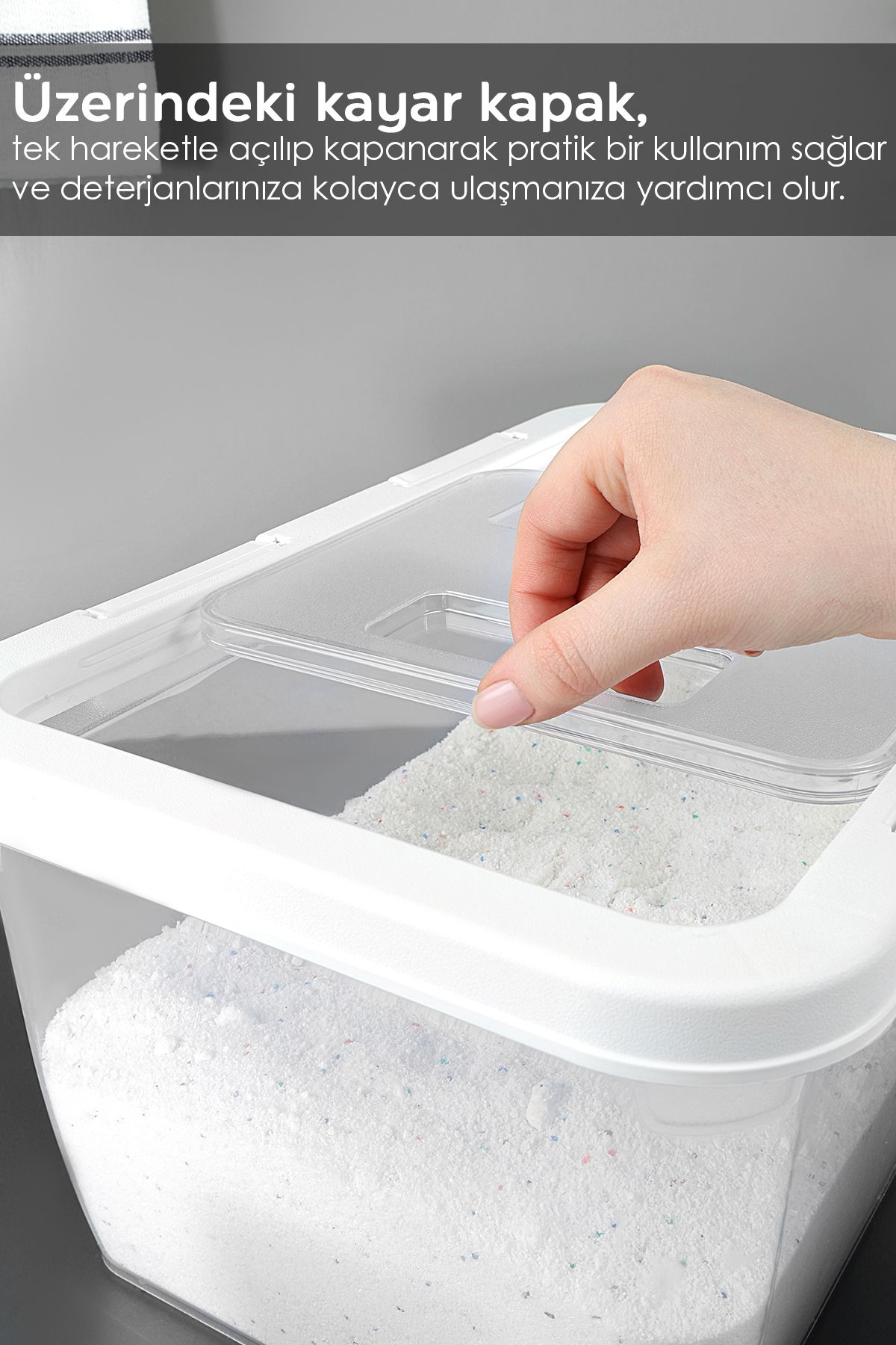 Meleni Home-1 Piece Labelled Detergent Storage Box - Sliding Lid with Lock Tablet Powder Detergent Container 10 Lt White 2