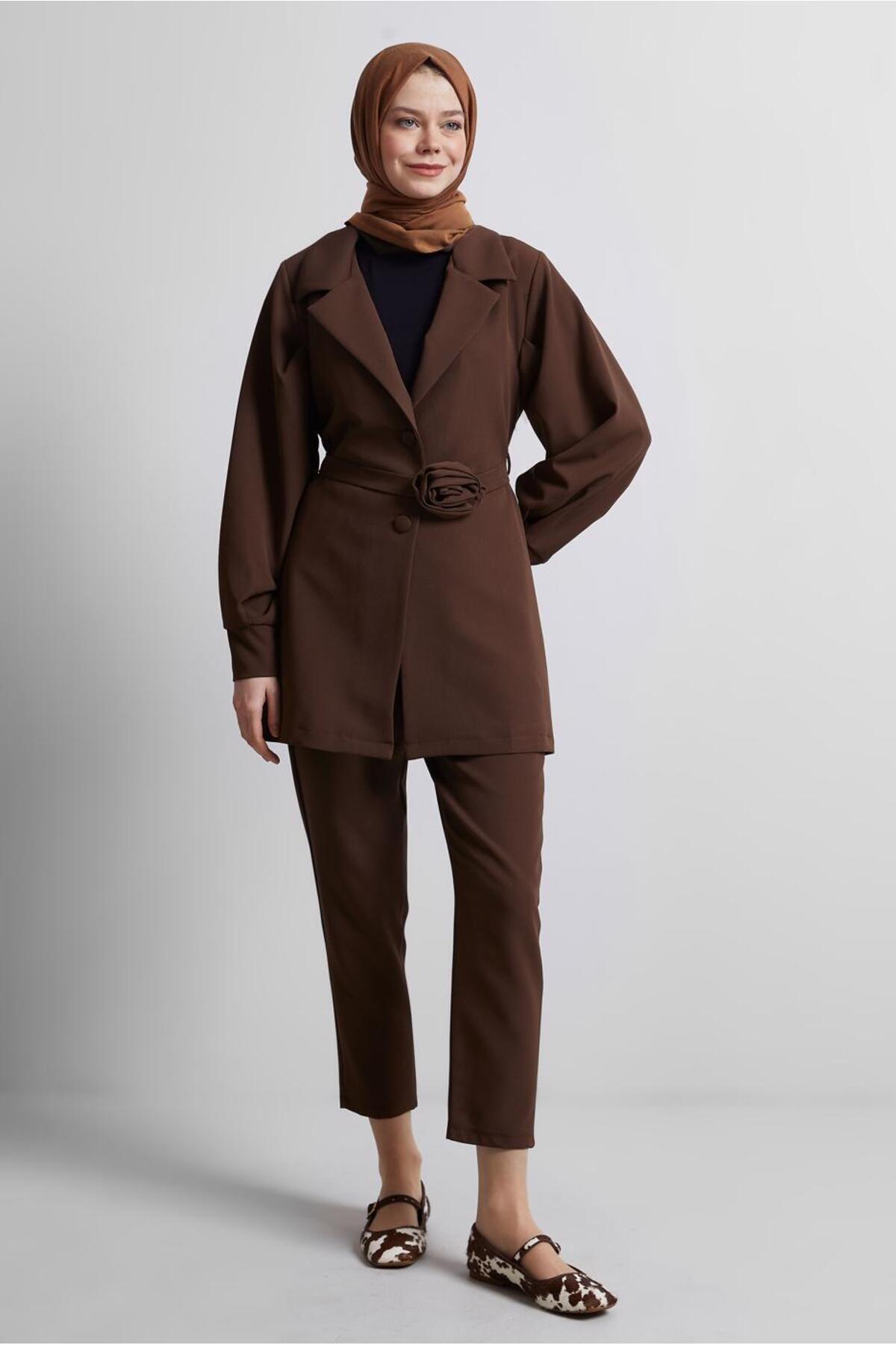 TRENDTESETTÜR-Women's Belted Brown Suit with Trousers t 5816 1