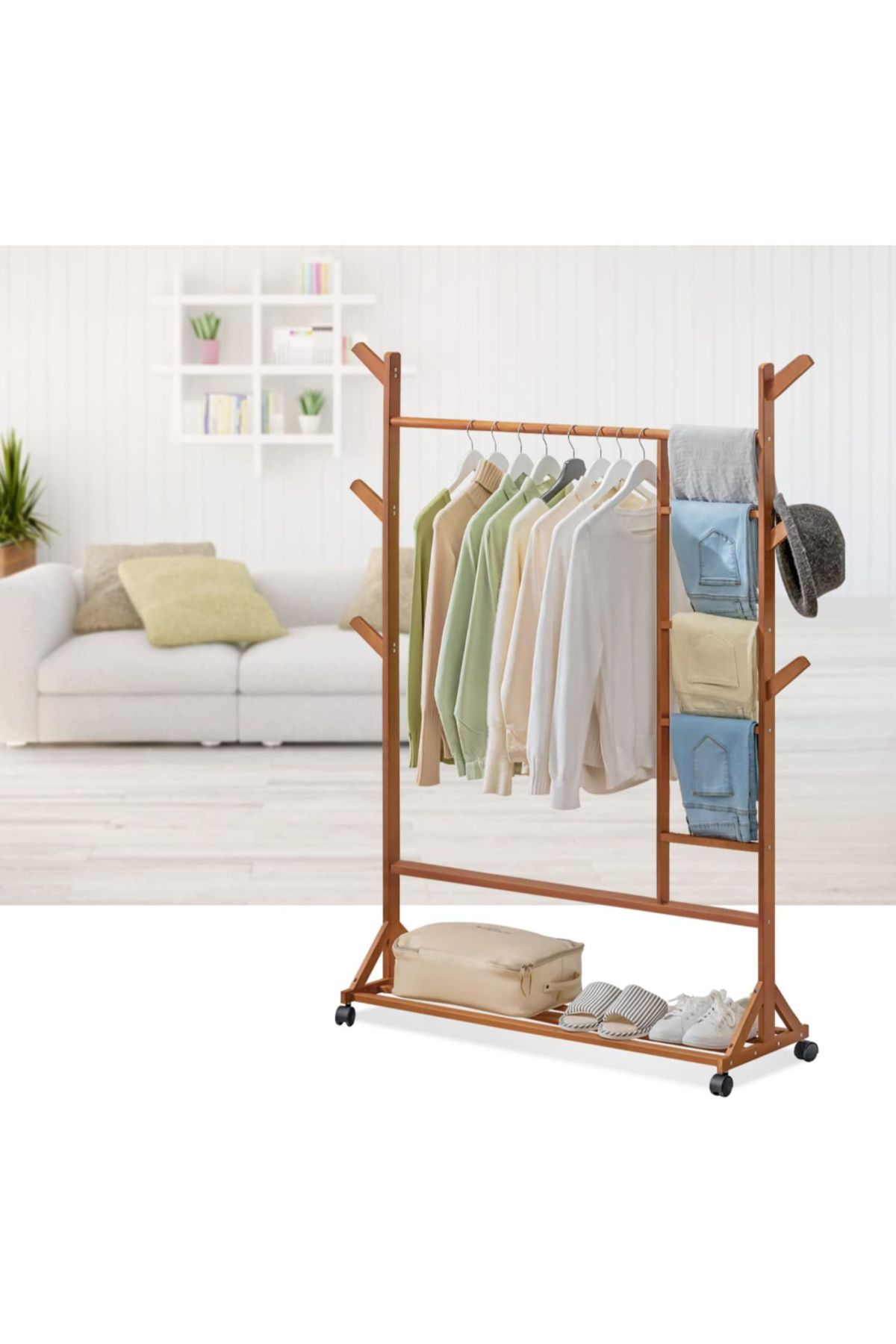 Quasar & Co.-Hallway Hanger, ®, With Wheels, Suitable for Clothes/Shoes, Bamboo, 100x35x155 Cm, ​​Brown 3