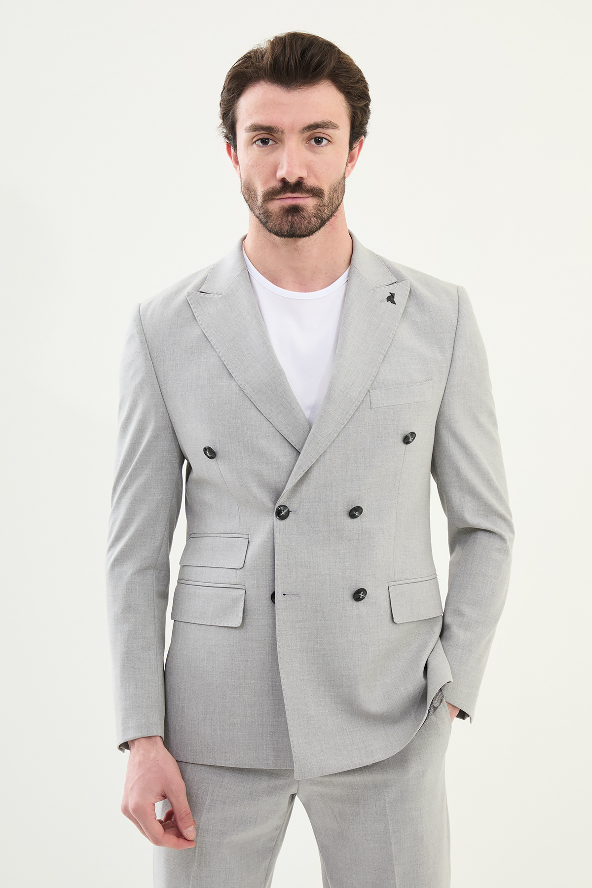 Düz Slim Fit Geniş Yaka Kruvaze Erkek Takım Elbise Açık Gri - 45380.25Y — رنگارنگ
