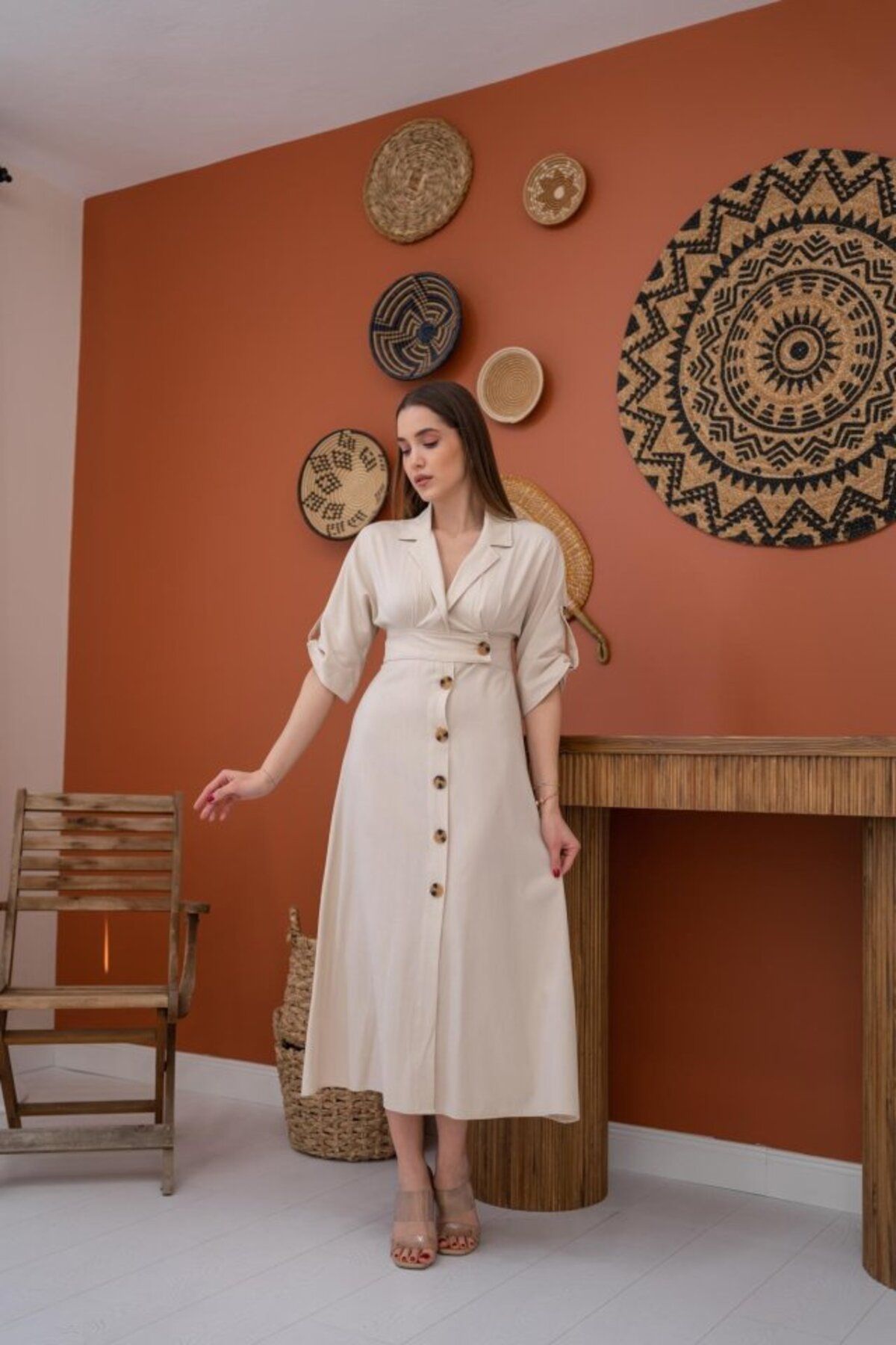 MRA Fashion Bej Düğmeli Keten Elbise