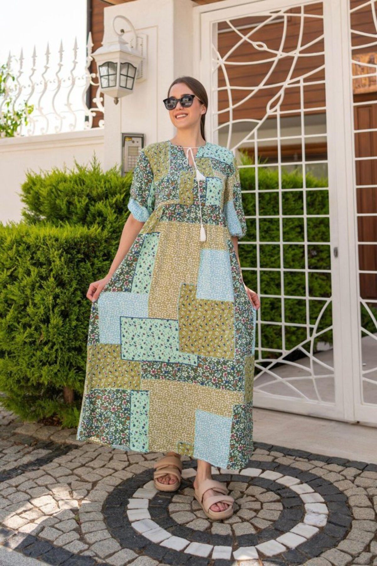 fh fashionhere Yeşil Salaş Desenli Elbise