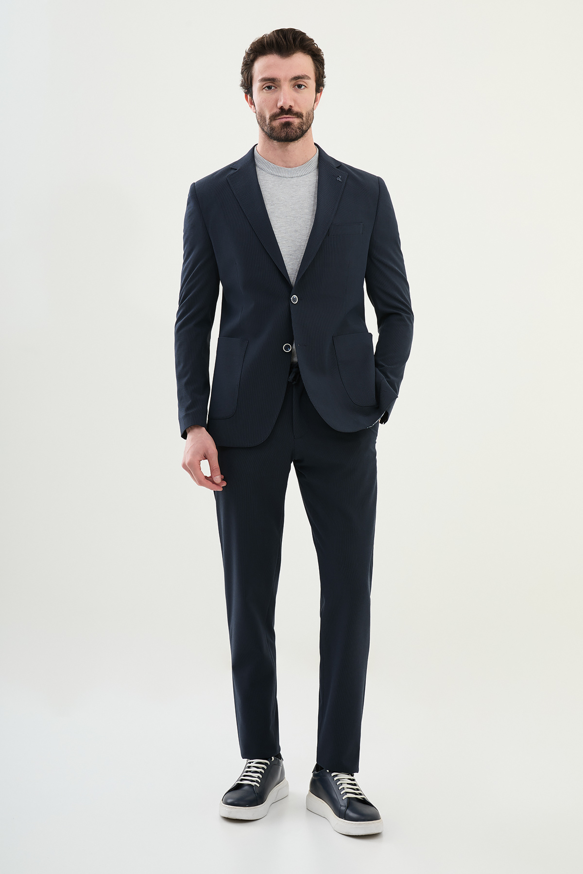 Çizgili Slim Fit Torba Cep İpli Erkek Takım Elbise Lacivert - 45378.25Y — رنگارنگ — تصویر 3 از 6