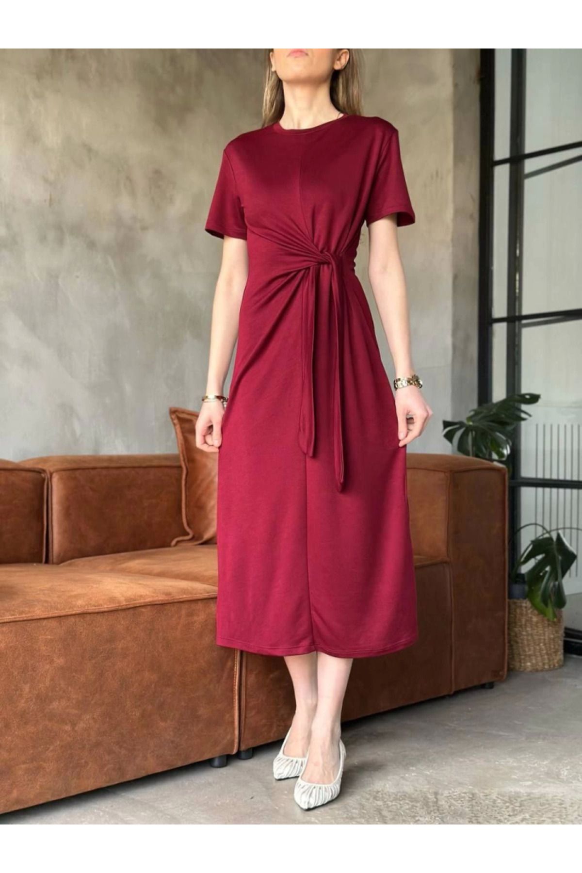Gökyüzü Moda Osy Modal Yumuşak Dokulu Kumaş Yandan Bağlamalı Elbise - Bordo