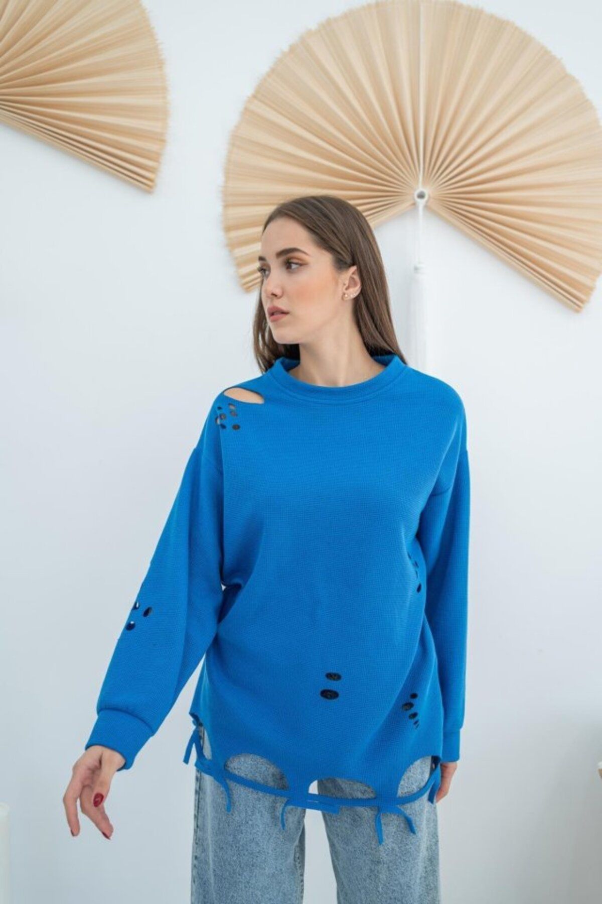MRA Fashion Mavi Lazer Kesim Bluz