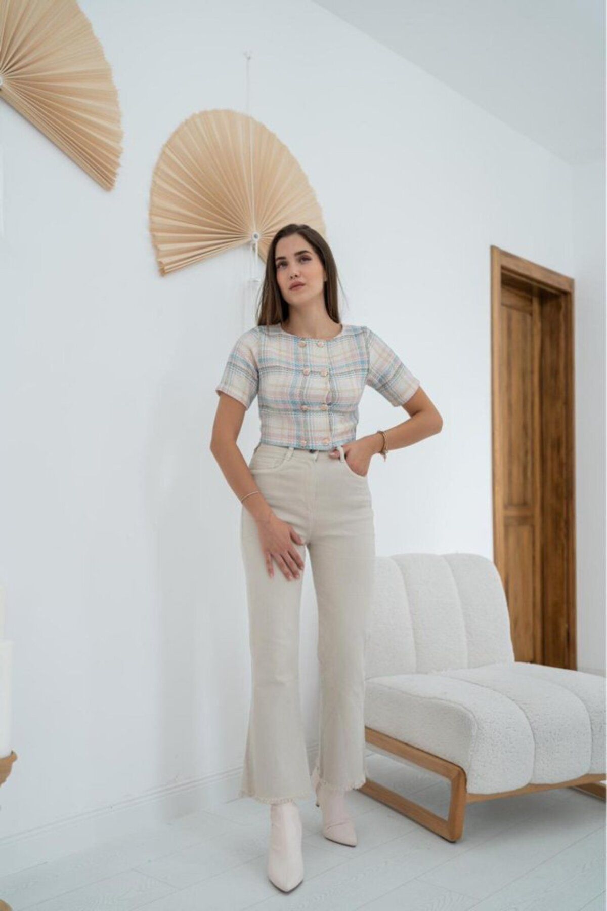 fh fashionhere Beyaz Çizgili Ve Düğmeli Bluz