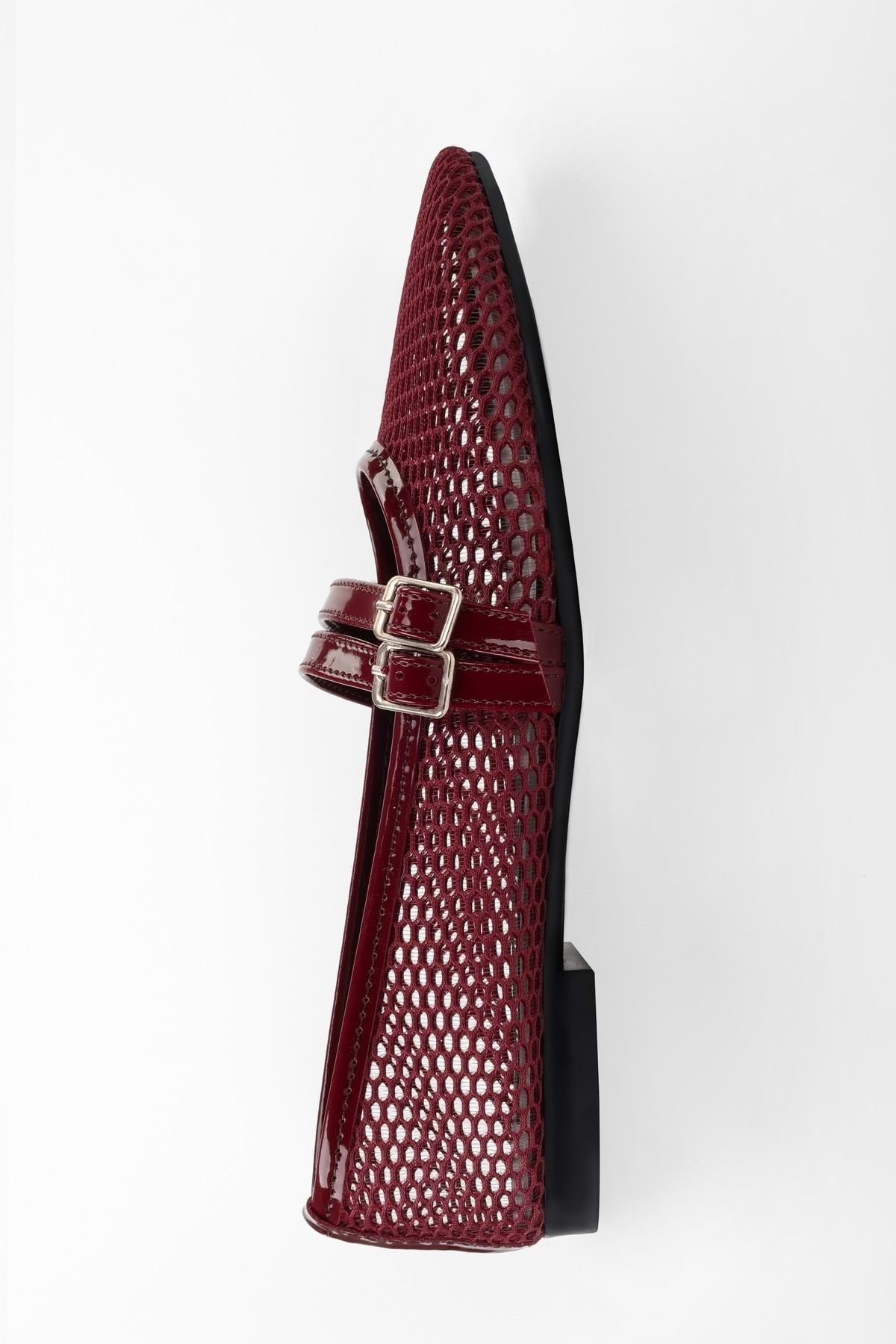 Shoeberry-Damskie baleriny Lume Claret Red Mesh z paskiem i zdobieniem 2