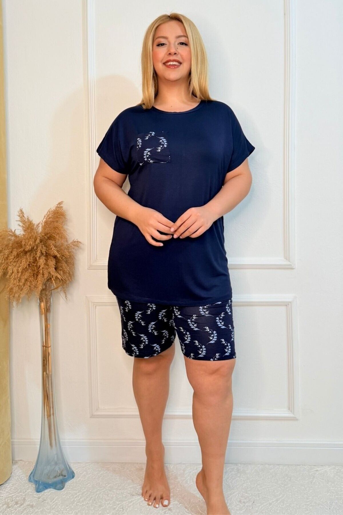 tarzımsüper-Plus Size Comfort Sleepwear Set with Bottom Top Shorts Patterned Double Cotton 2-Piece Bottom-Top Suit 5