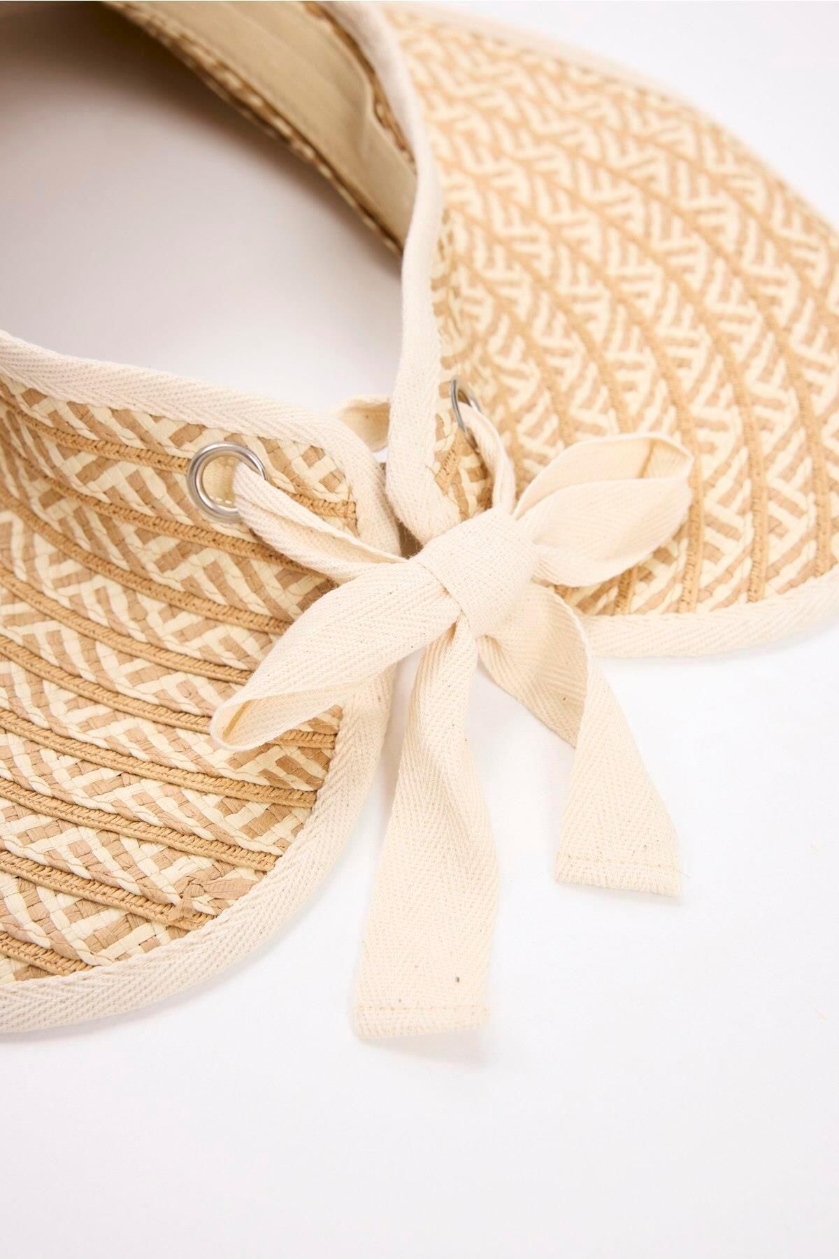Haşema-Foldable Patterned Ecru Visor Beach Hat with Binding Detail 90 3