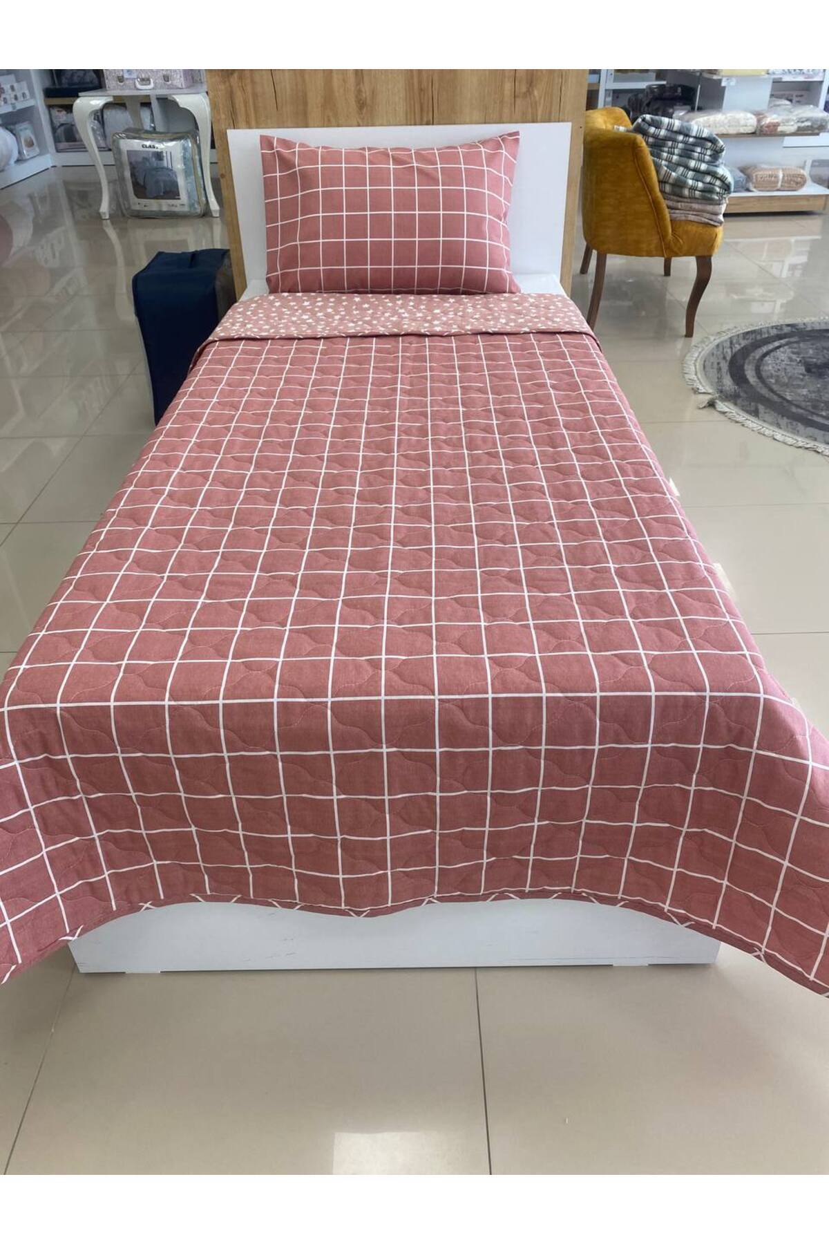 Sudem Home Collection-Single Quilted Bed Cover Set Burgundy Square for Young Room 5