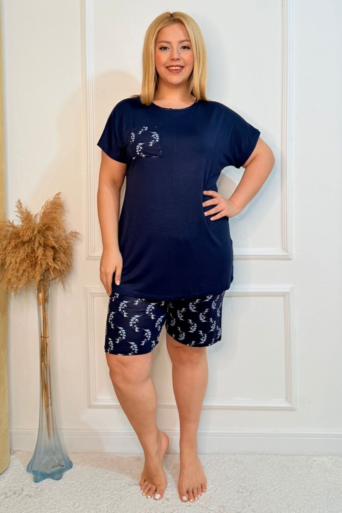 tarzımsüper-Plus Size Comfort Sleepwear Set with Bottom Top Shorts Patterned Double Cotton 2-Piece Bottom-Top Suit 3