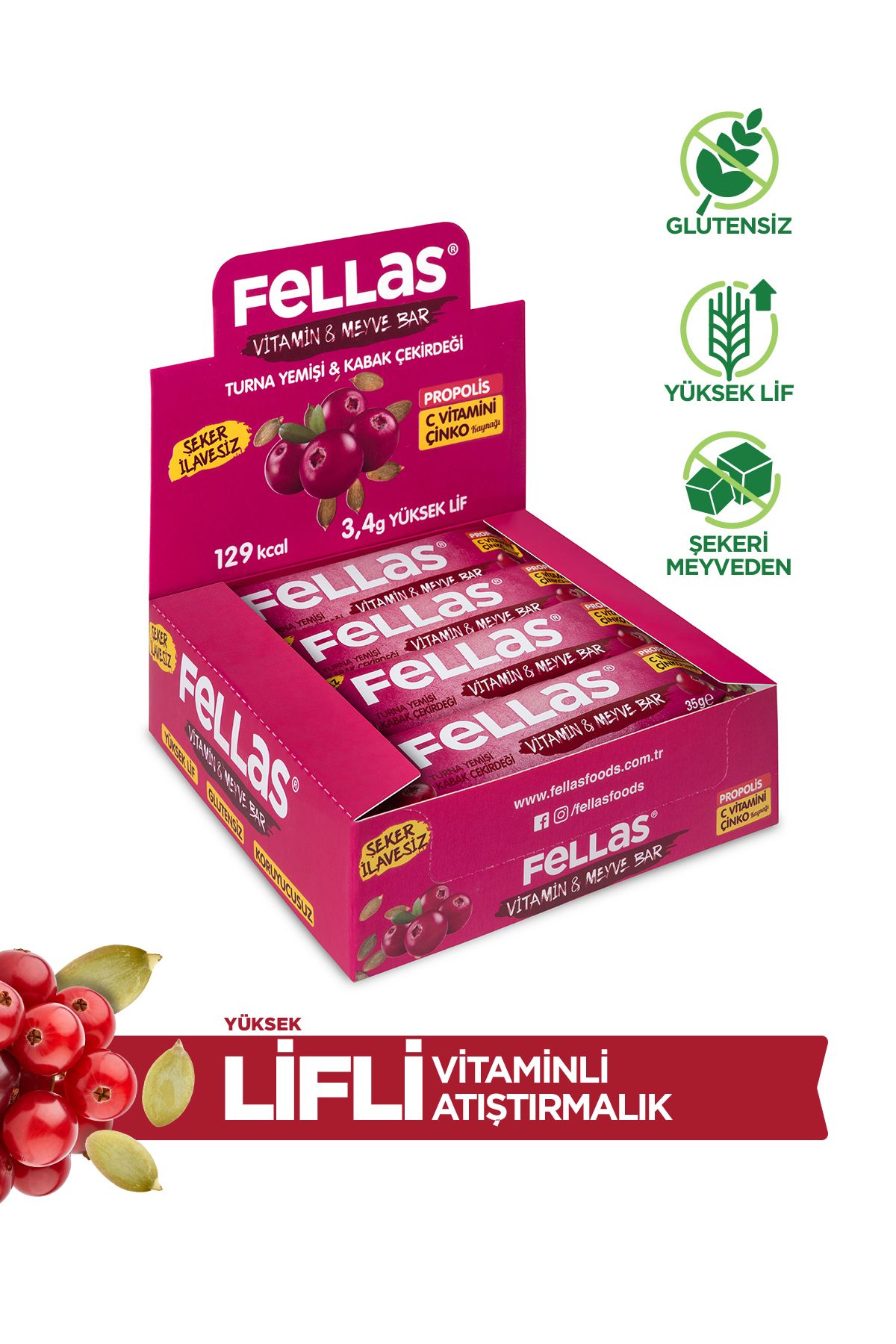 Fellas Vitamin & Meyve Bar - Turna Yemişi Ve Kabak Çekirdeği 35 gr X 12 Adet