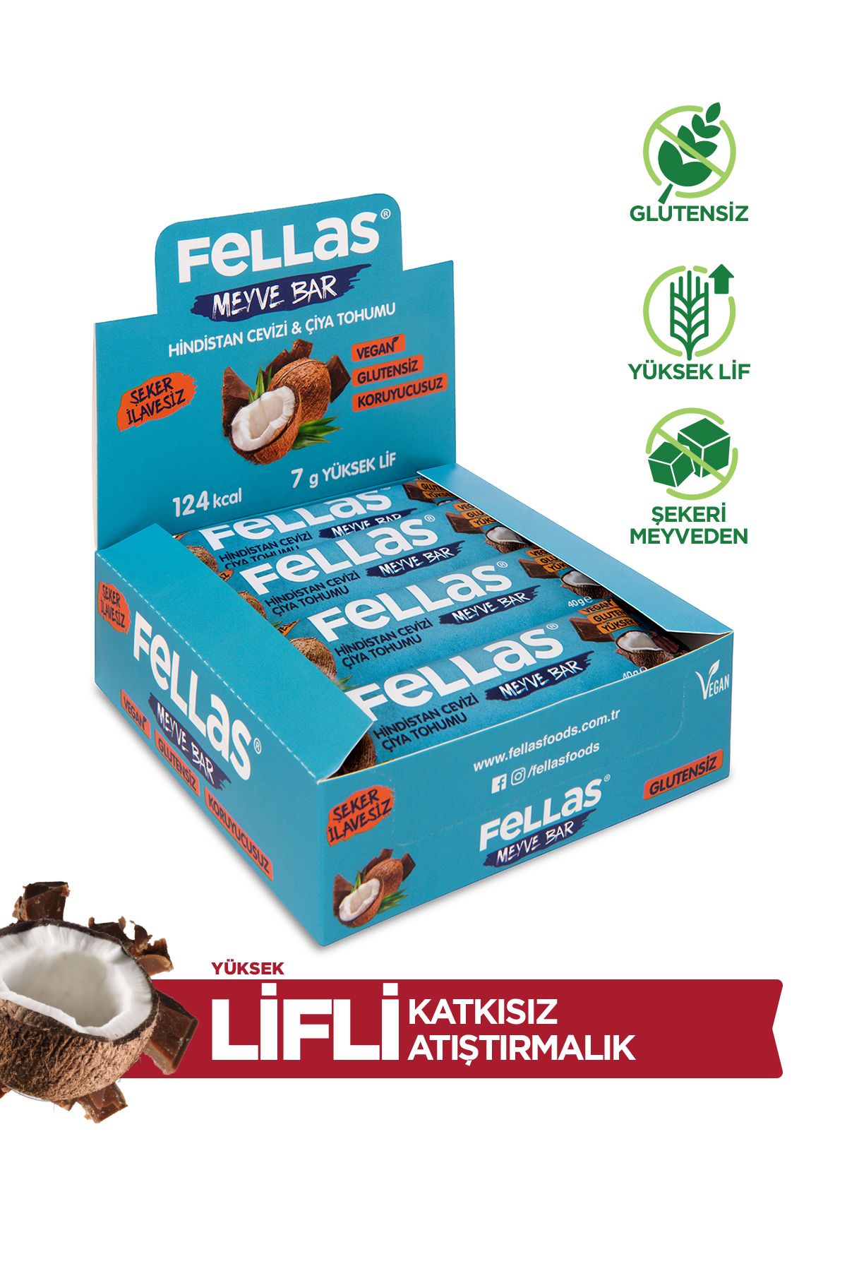Fellas Meyve Bar - Chialı ve Hindistan Cevizli 40 gr x 12 Adet