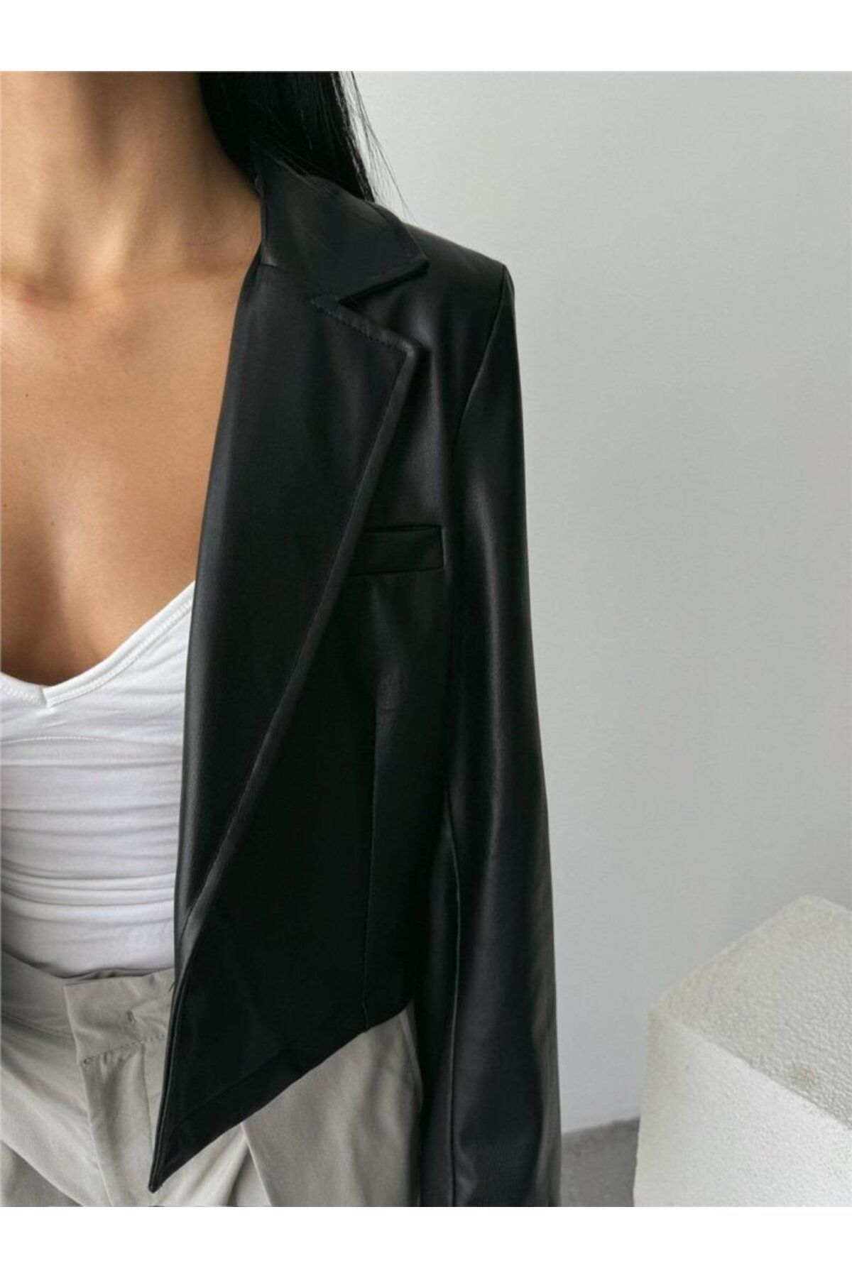MODAVERA-Leather Crop Jacket Single Button - Black 7
