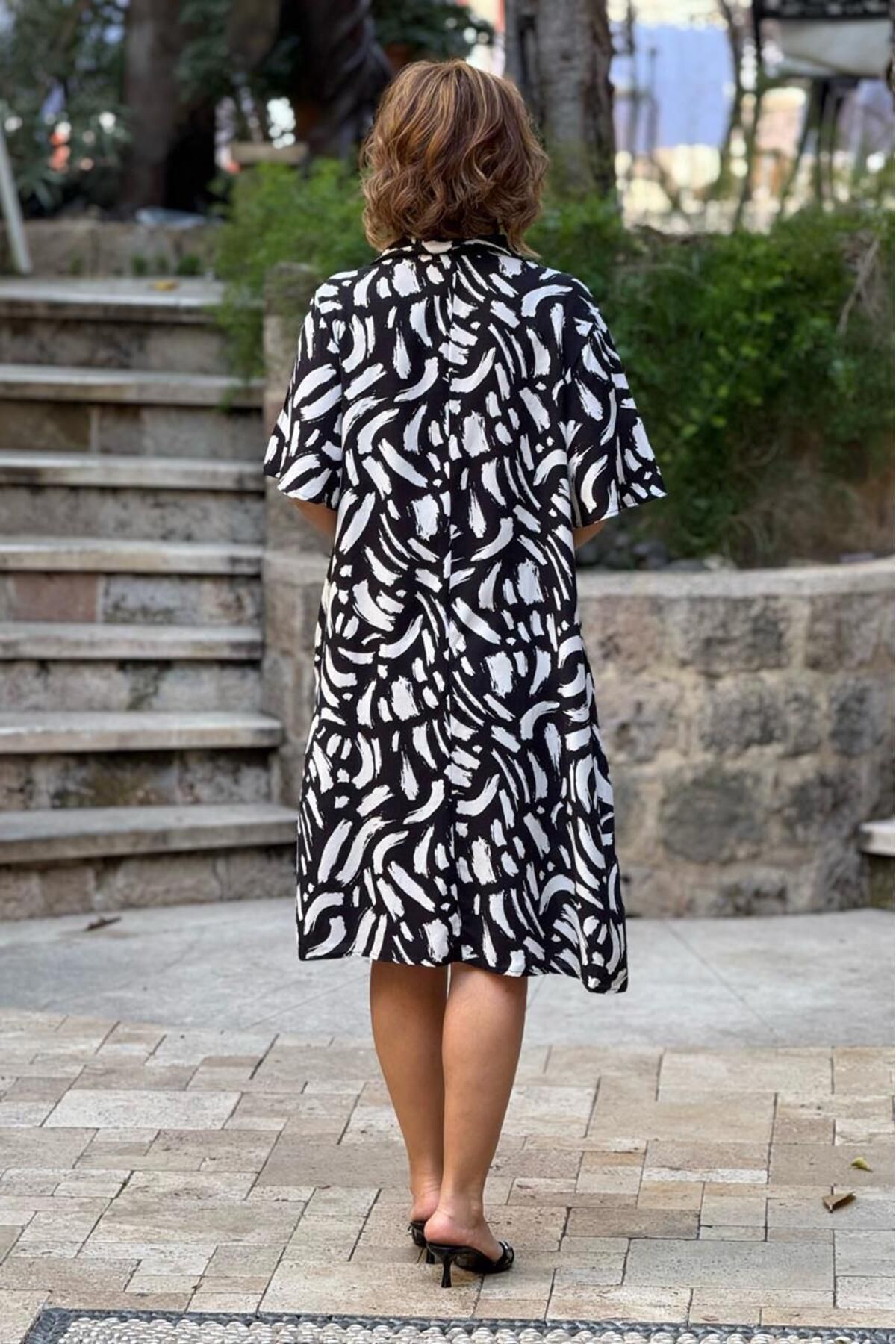 Nevin Kaya Moda-Rochie din viscoză din bumbac 100% guler de cămașă cu model Lal alb-negru 3