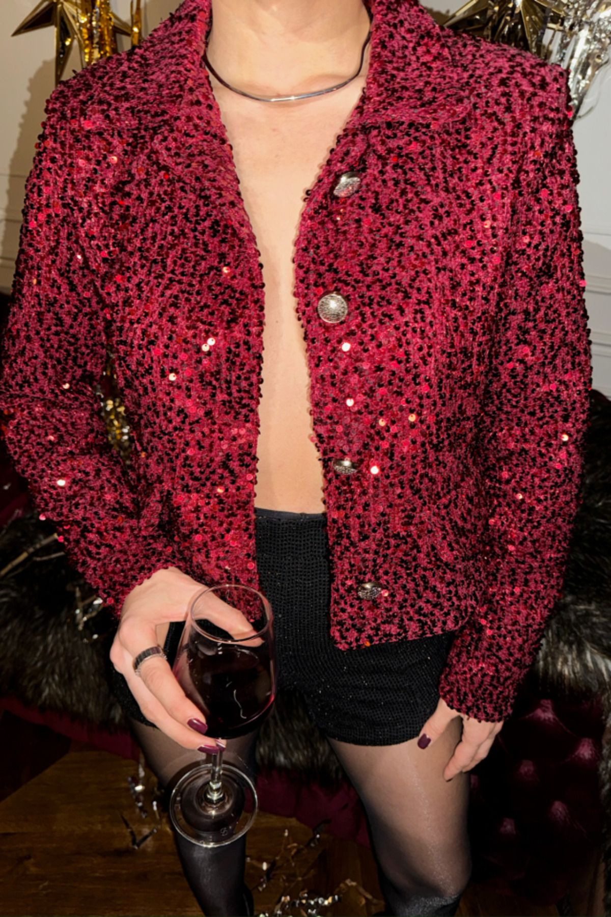modaserdem-   Sequin Crop Jacket with Button Detail - Claret Red 2