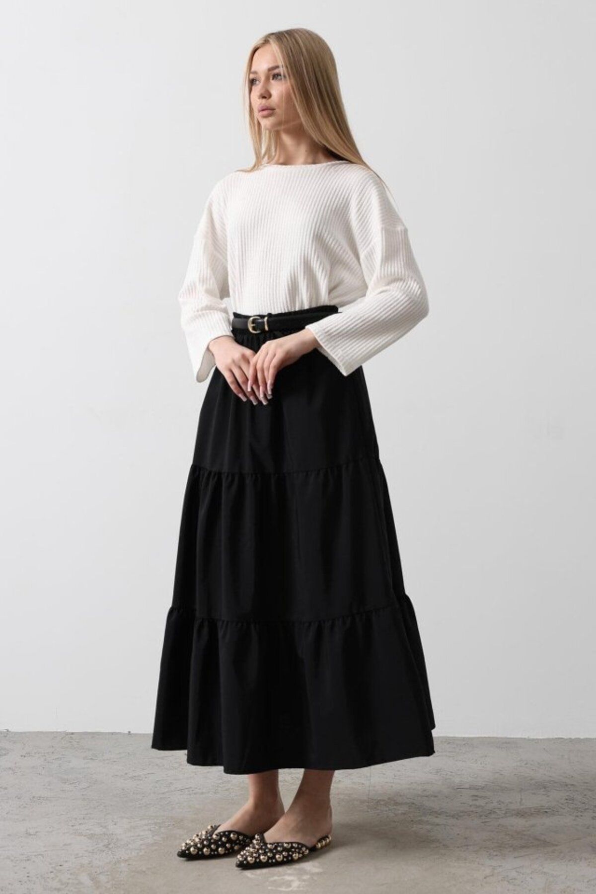 ASFSTORE Pamuklu Beli Lastikli Etek - Siyah