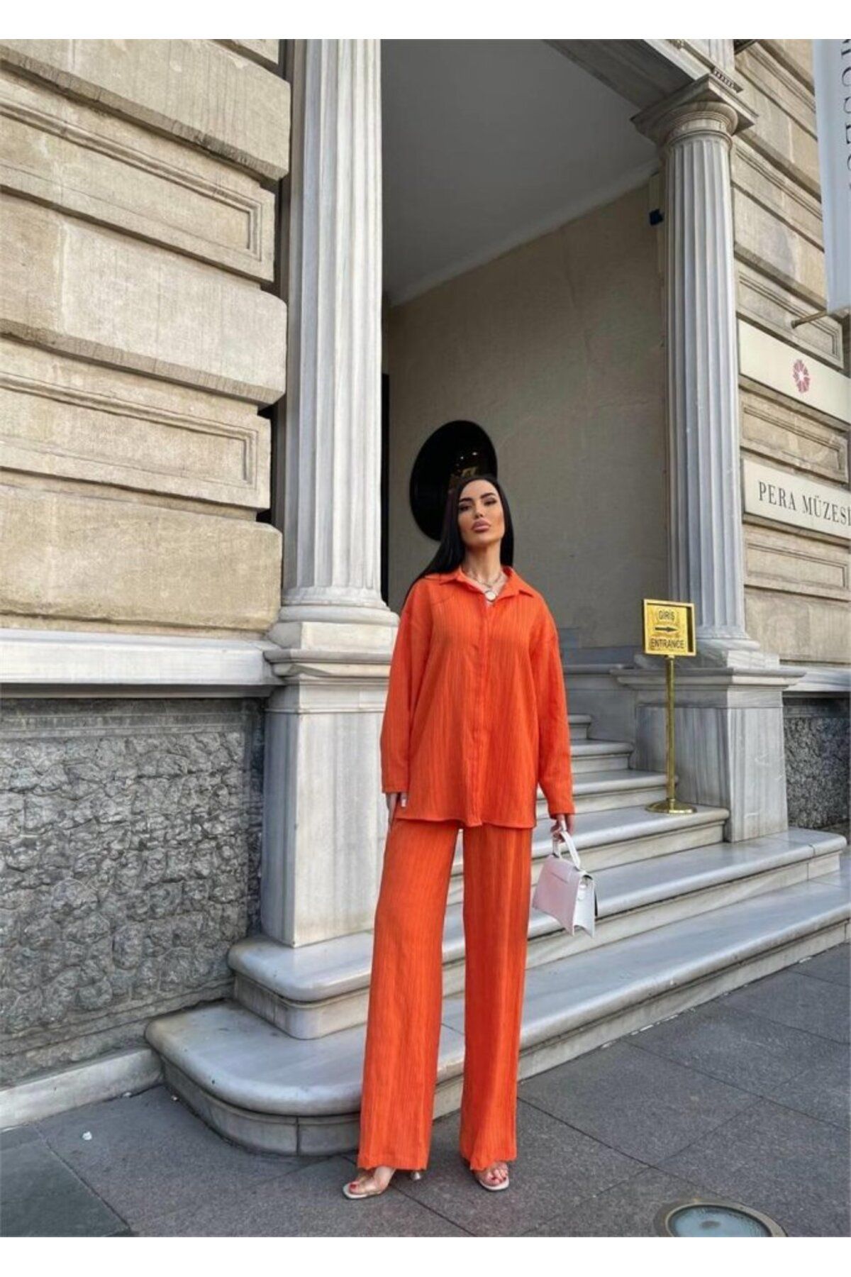 novafems KENDİNDEN DESENLİ KRINKILL GÖMLEK - PANTOLON TK - Orange