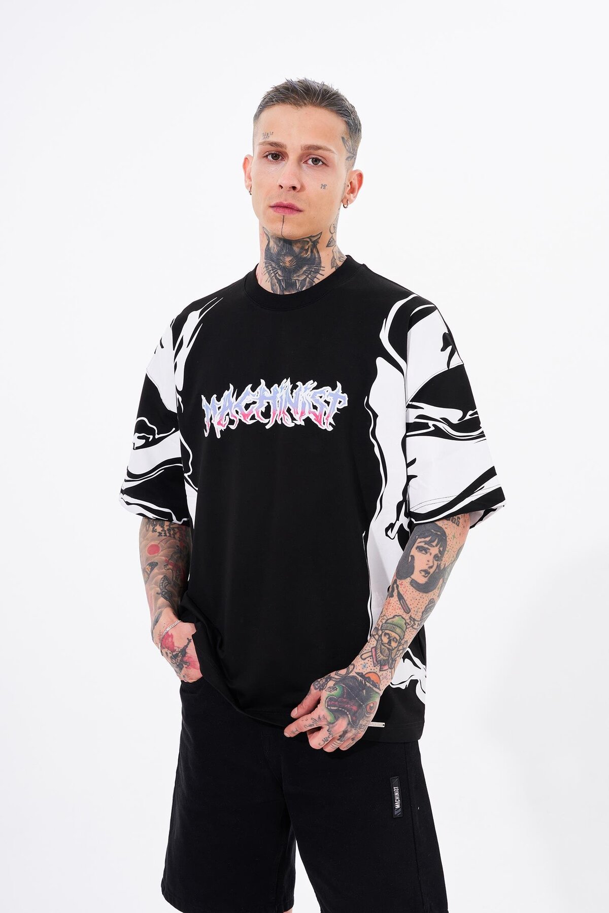 Machinist  Erkek Kol Baskılı Oversize Siyah Tişört - Görsel 2