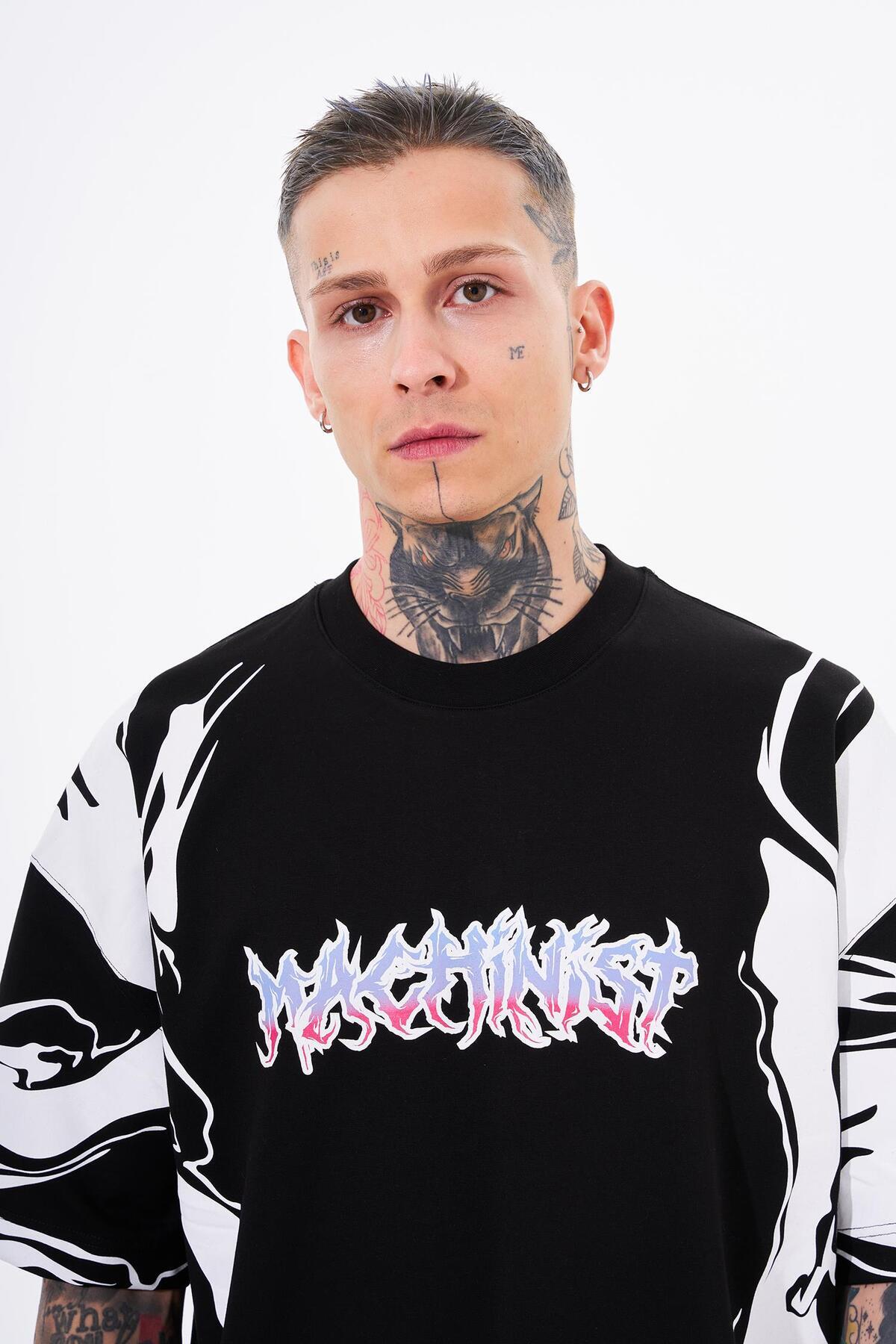 Machinist  Erkek Kol Baskılı Oversize Siyah Tişört - Görsel 3