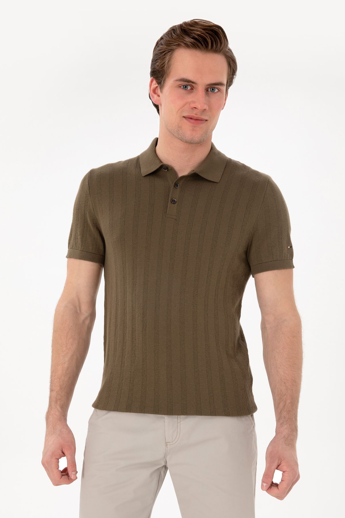 تی شرت بافتنی چوگان یقه خاکی باریک مردانه 50306474-vr027 U.S. Polo Assn.