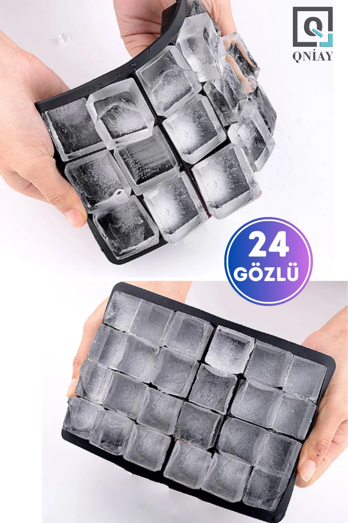 QNİAY Yeni Pratik 24'lü Sililkon Kare Buz Kalıbı | 24 Adet Silikon Kare Buz Kalıbı | Sunum Buzluk