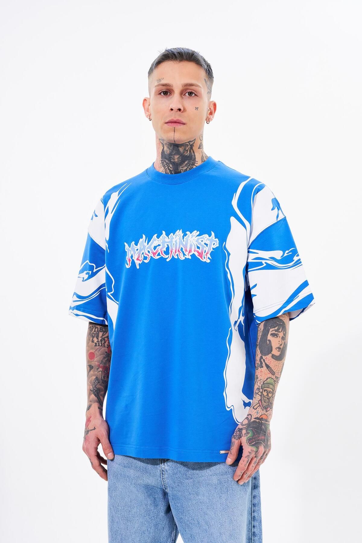 Machinist-Men's Sleeve Printed Oversize Light Blue T-Shirt 2