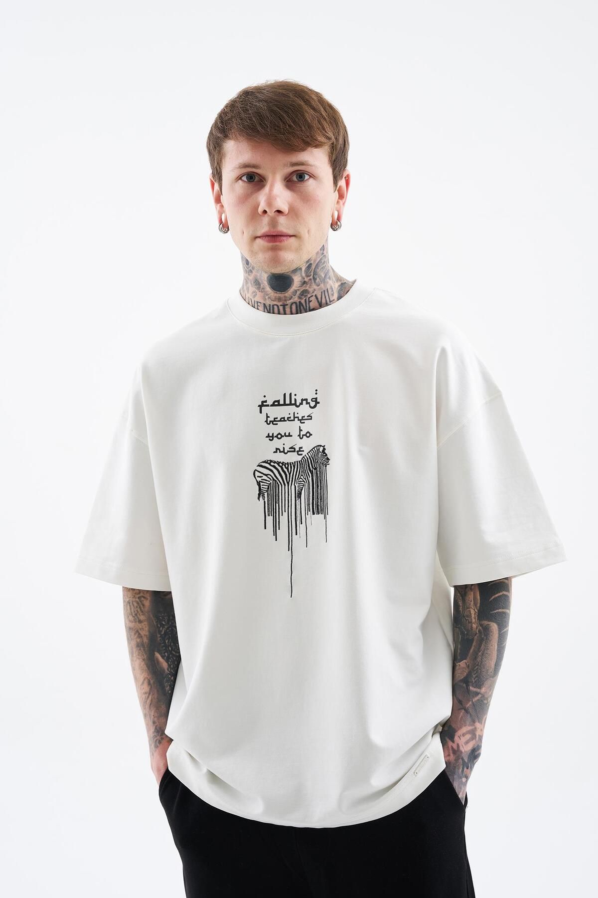 Machinist-Men's Printed and Zebra Oversize Ecru T-Shirt 4