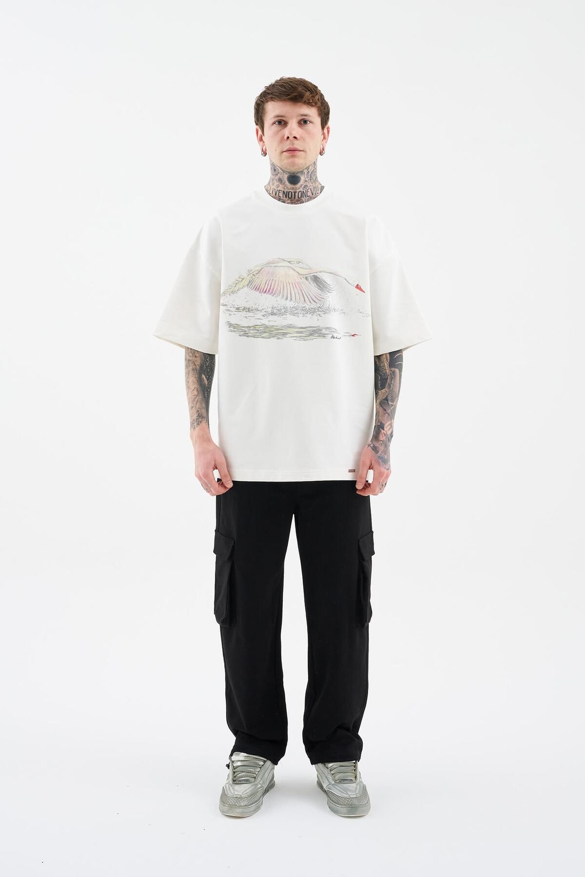Machinist-Men's Swan Printed Oversize Space Gray T-Shirt 6