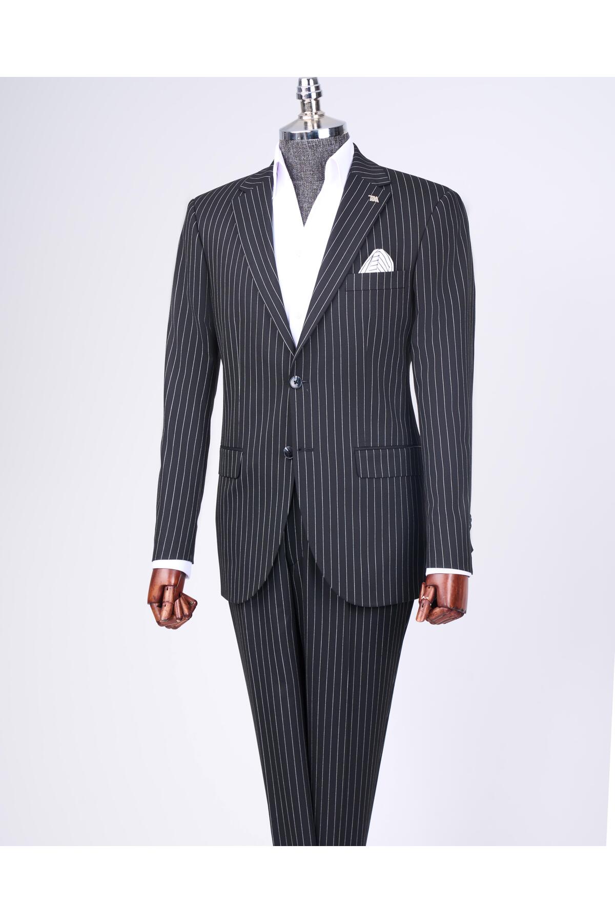 TerziAdemAltun İtalyan stil slim fit çizgili ceket pantolon takım elbise siyah T11931