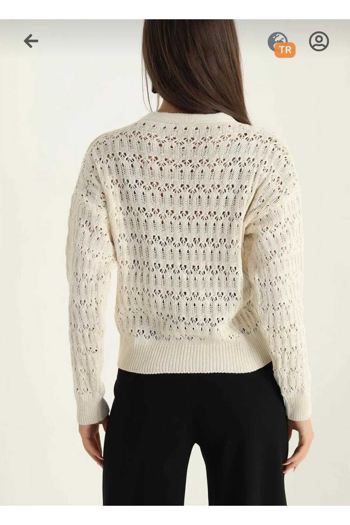 Fua Shop-Women's V-Neck Hollow Pattern Gold Button Cardigan 2