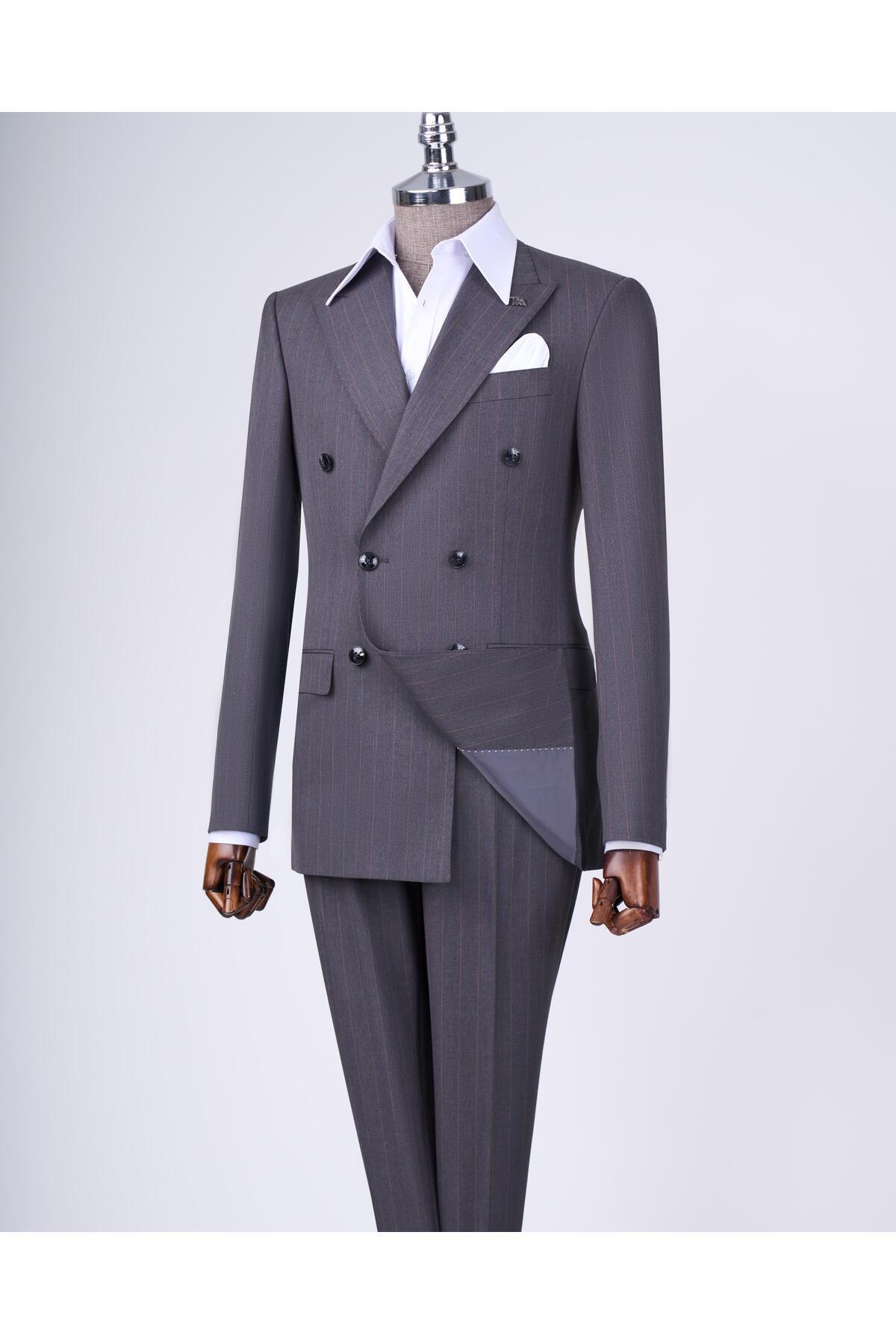 TerziAdemAltun Gray Italian Style Double Breasted Striped Jacket and Pants Set - T12899