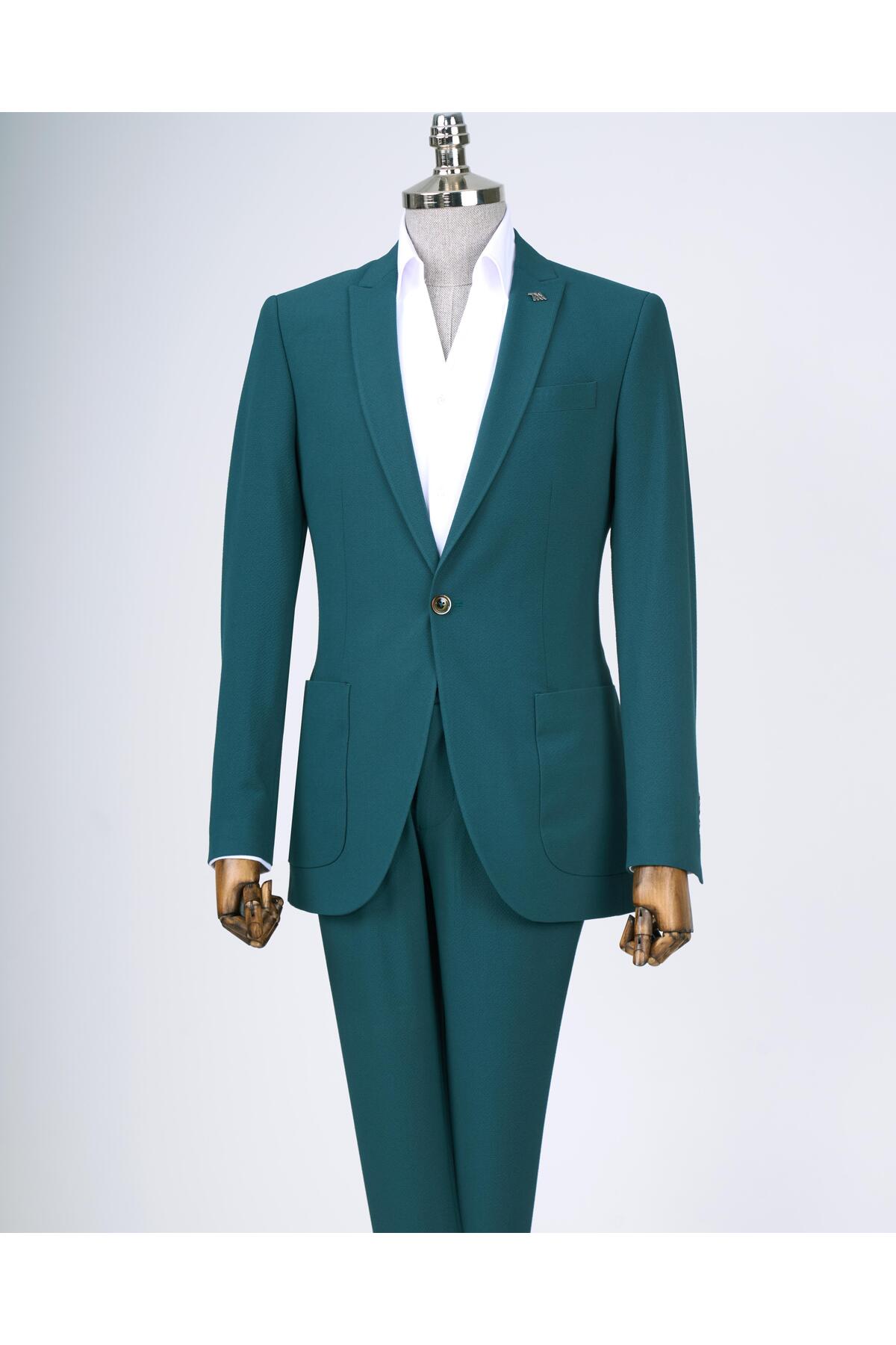 TerziAdemAltun İtalyan stil slim fit ceket pantolon takım elbise yeşil T12514 görsel 3
