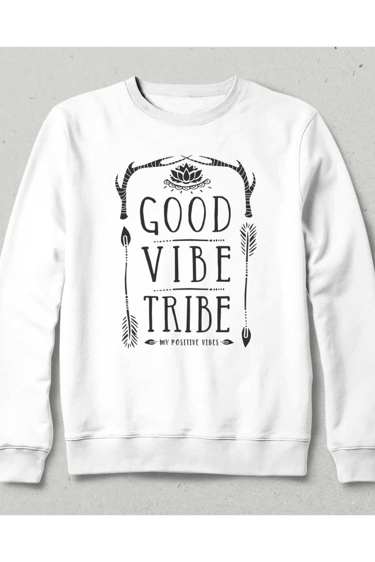 Pisa Art Unisex Beyaz Good Vibe Tribe Yazılı Kapşonsuz Sweatshirt