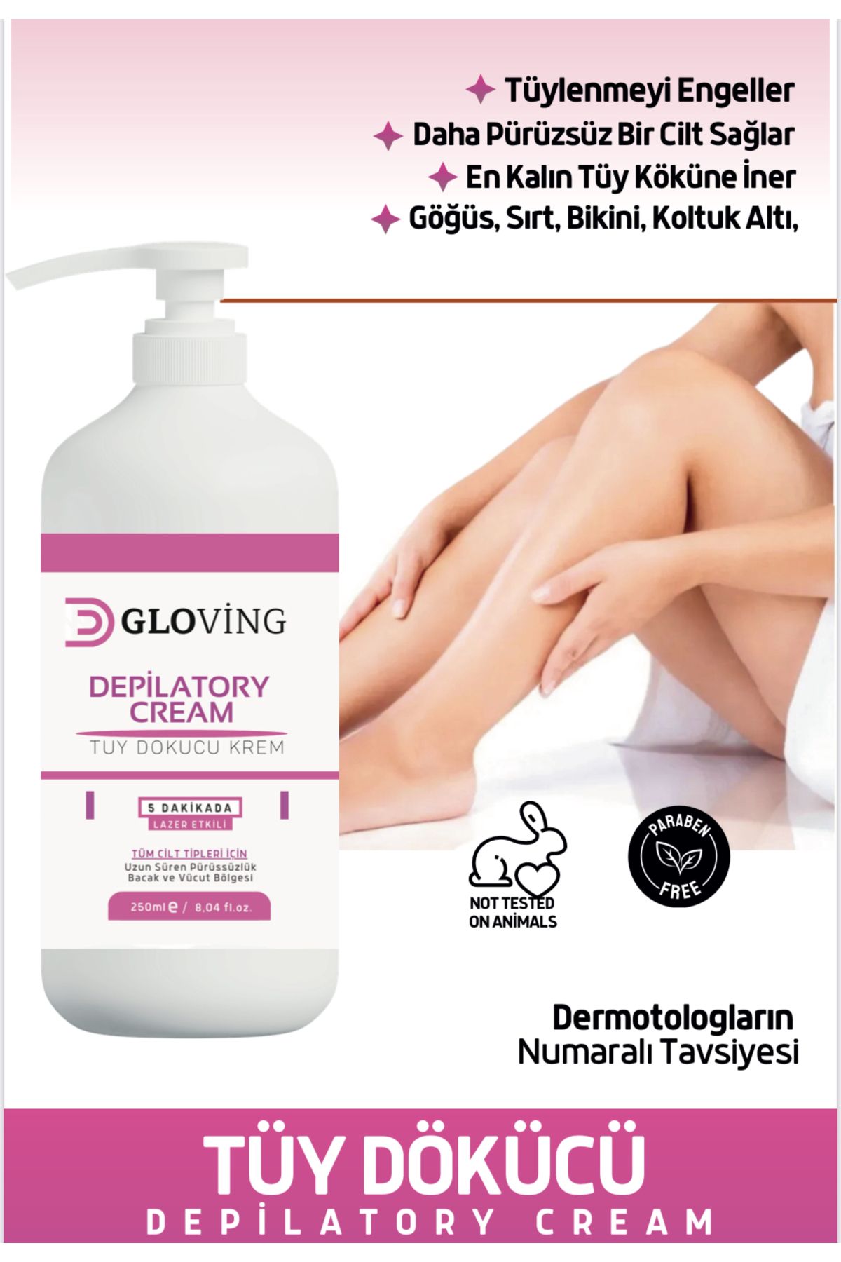 GLOVING SKIN CARE Lazer Etkili Tüy Dökücü1Ve Tüy Azaltıcı Epilasyon Krem Tüm Cilt Tipleri Için (ÖZEL FORMÜL) 250 ml