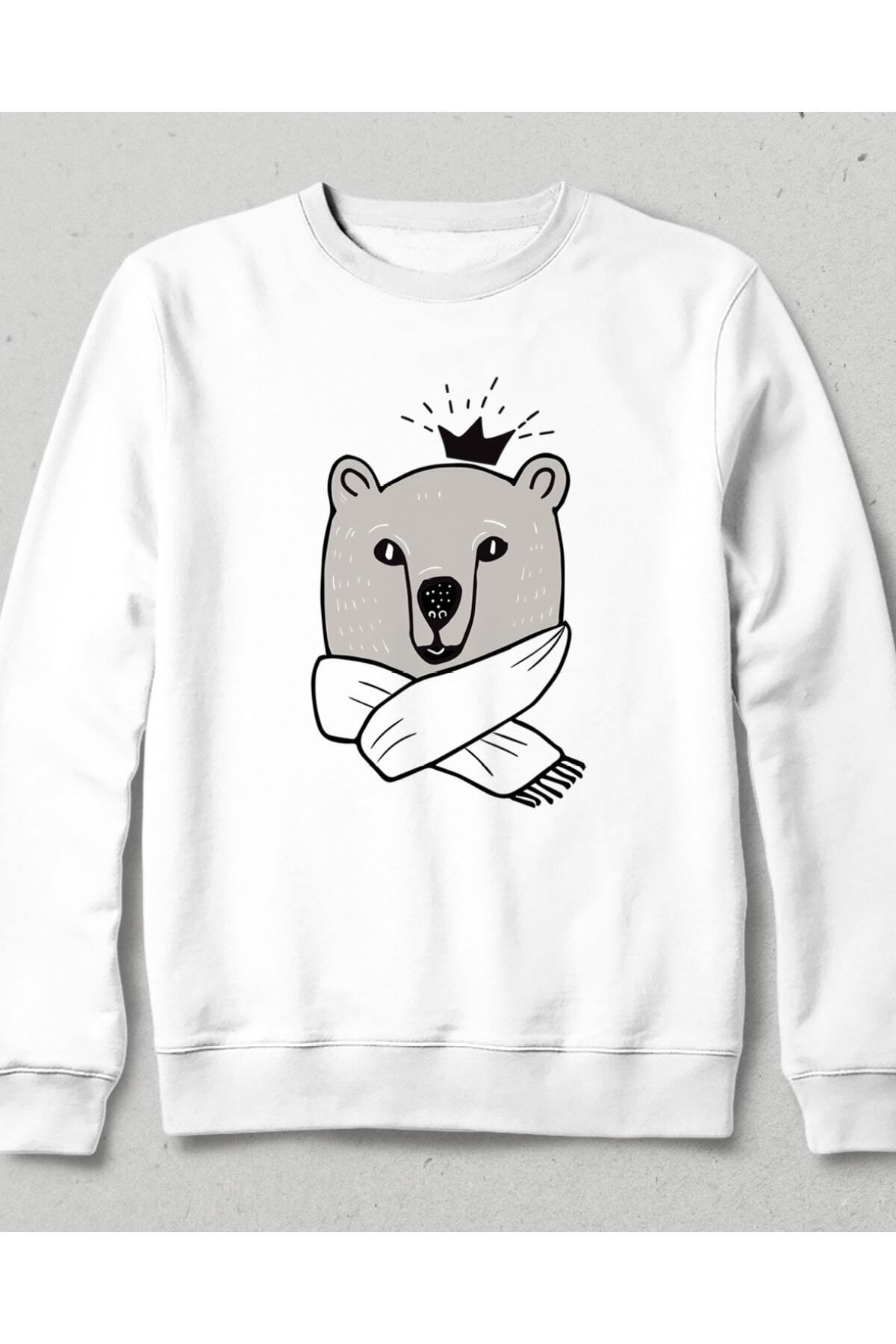 Pisa Art Unisex Beyaz Cool Bear Cepsiz Kapüşonsuz Sweatshirt