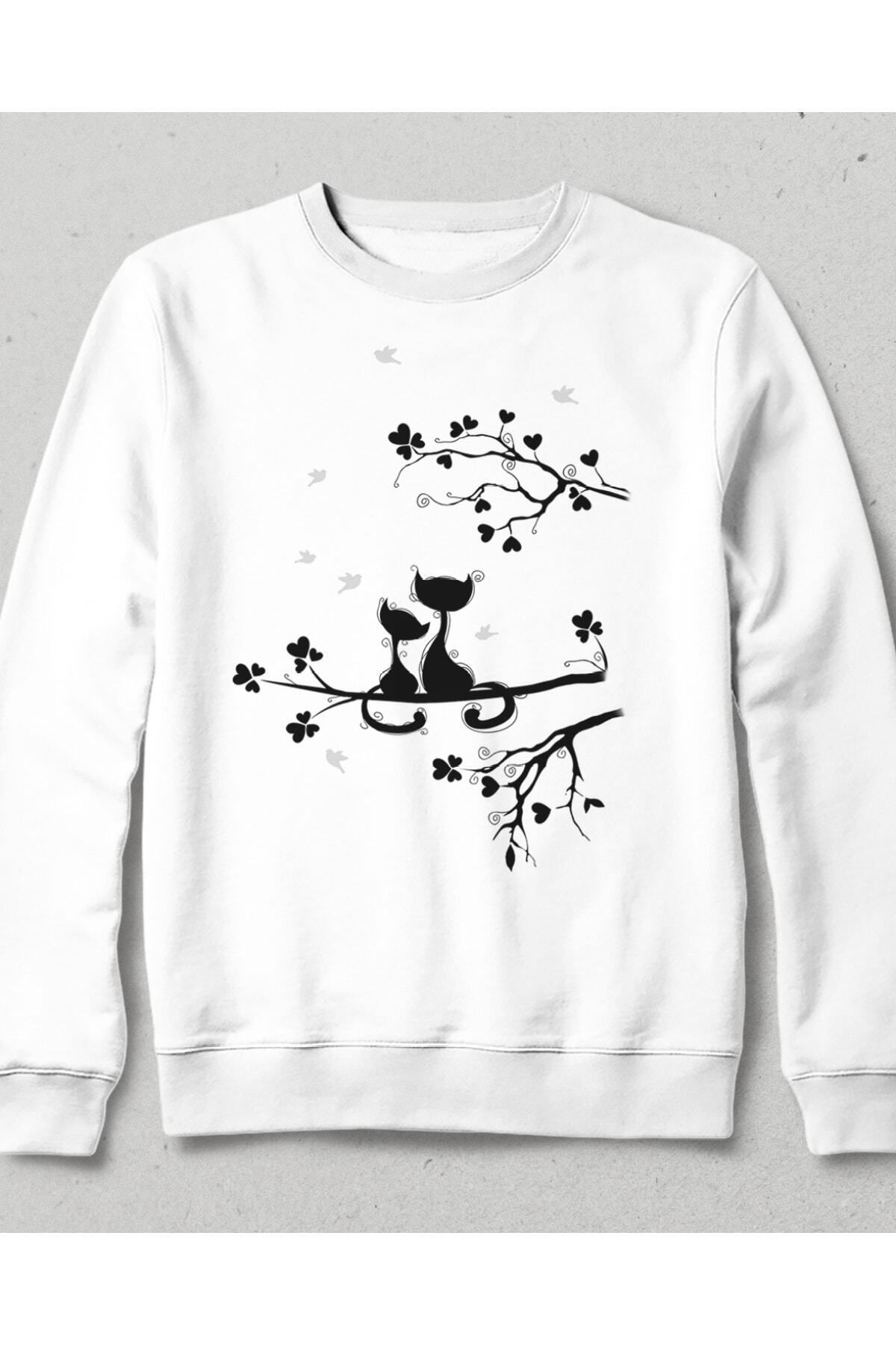 Pisa Art Unisex Beyaz Daldaki Kediler Sweatshirt