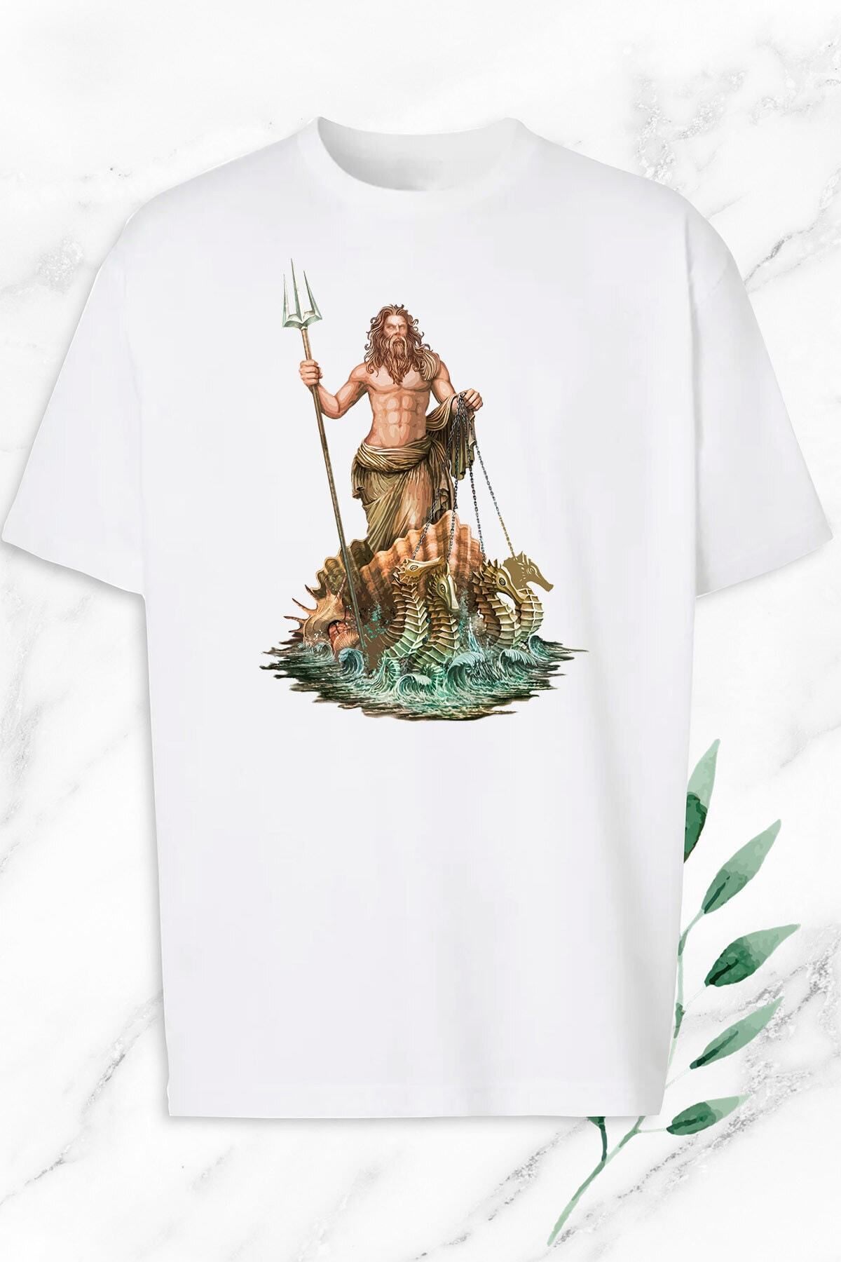 Pisa Art Unisex Beyaz Oversize Mitoloji Denizler Tanrısı Poseidon Heykel Baskılı T-Shirt