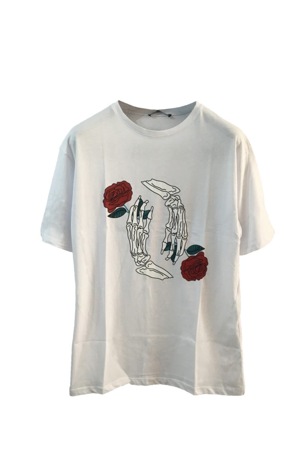 Pisa Art Unisex Oversize Iskelet Gül Desen Beyaz Tshirt