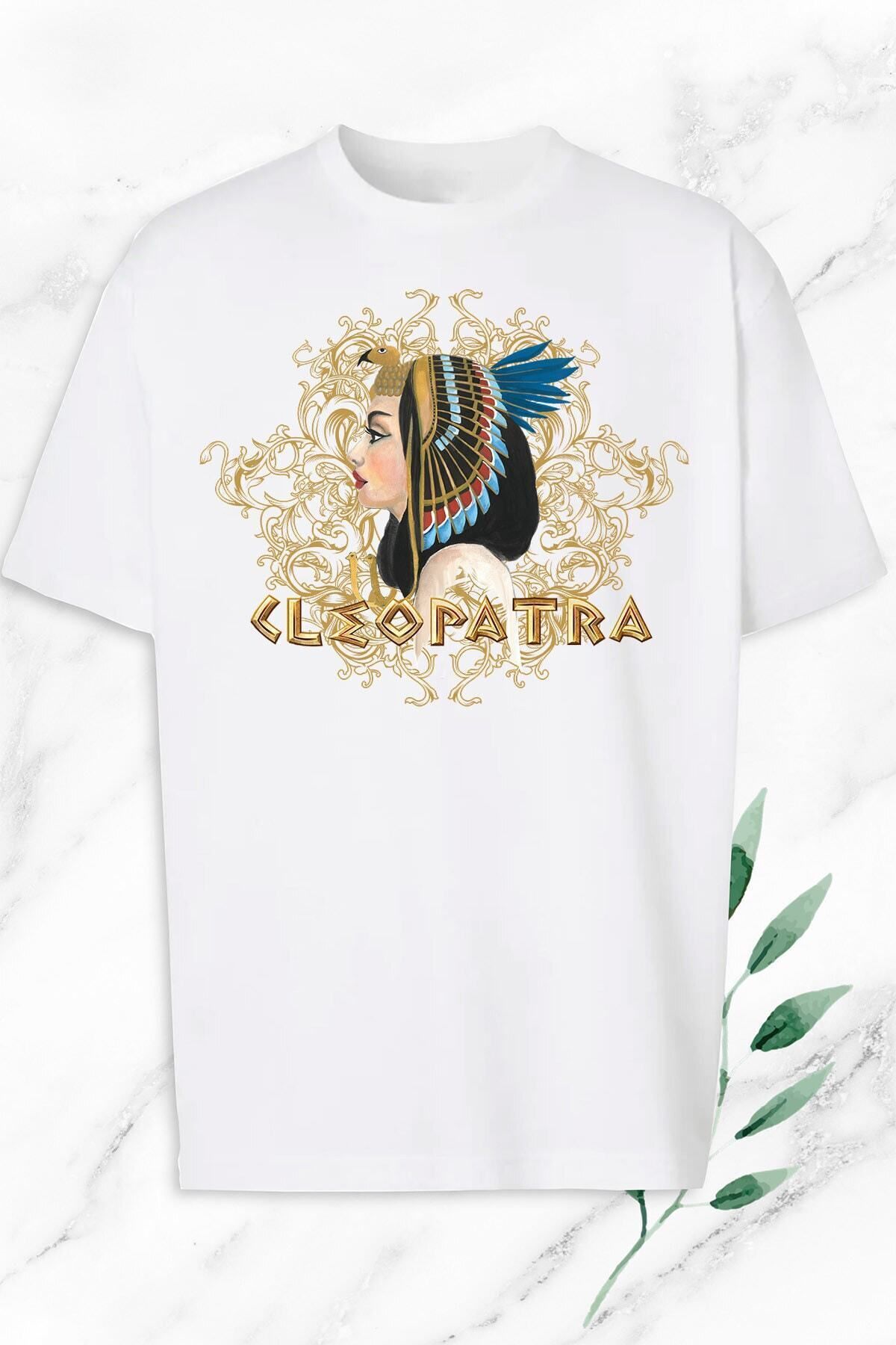 Pisa Art Kadın Beyaz Antik Mısır Kraliçe Kleopatra Baskılı Oversize T-Shirt