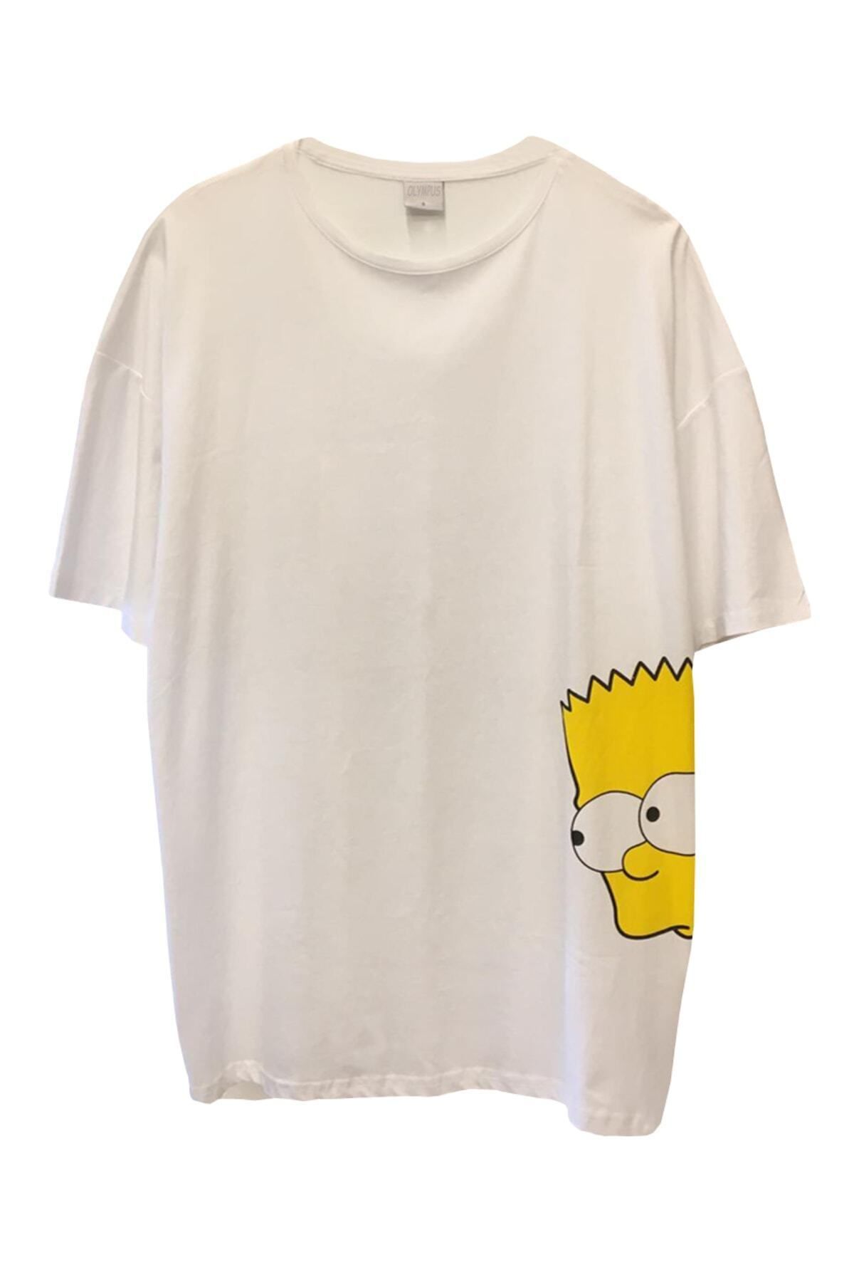 Pisa Art Unisex Süper Oversize Bart Simpson Baskılı Beyaz Tişört