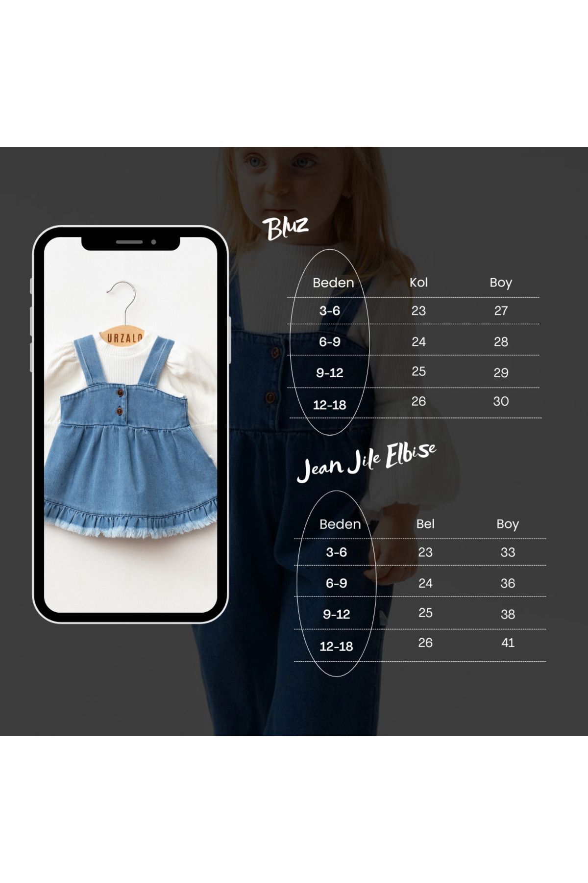 Little Baby URZALO Püsküllü Kız Bebek Kot Jile Elbise %100 Pamuk Likralı Ribana Balon Bluz Lüks Jean fotoğrafı 7 (önizleme)