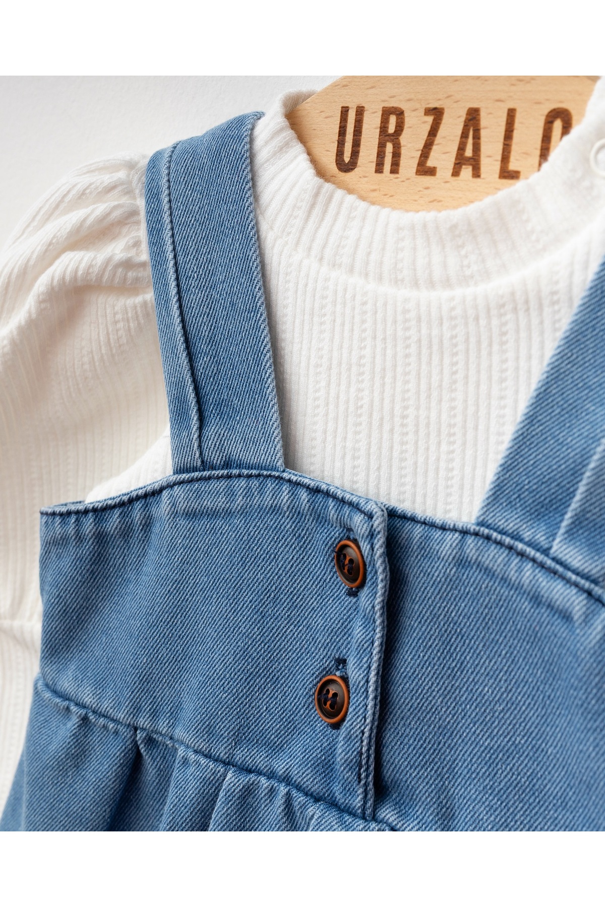 Little Baby URZALO Püsküllü Kız Bebek Kot Jile Elbise %100 Pamuk Likralı Ribana Balon Bluz Lüks Jean fotoğrafı 4 (önizleme)