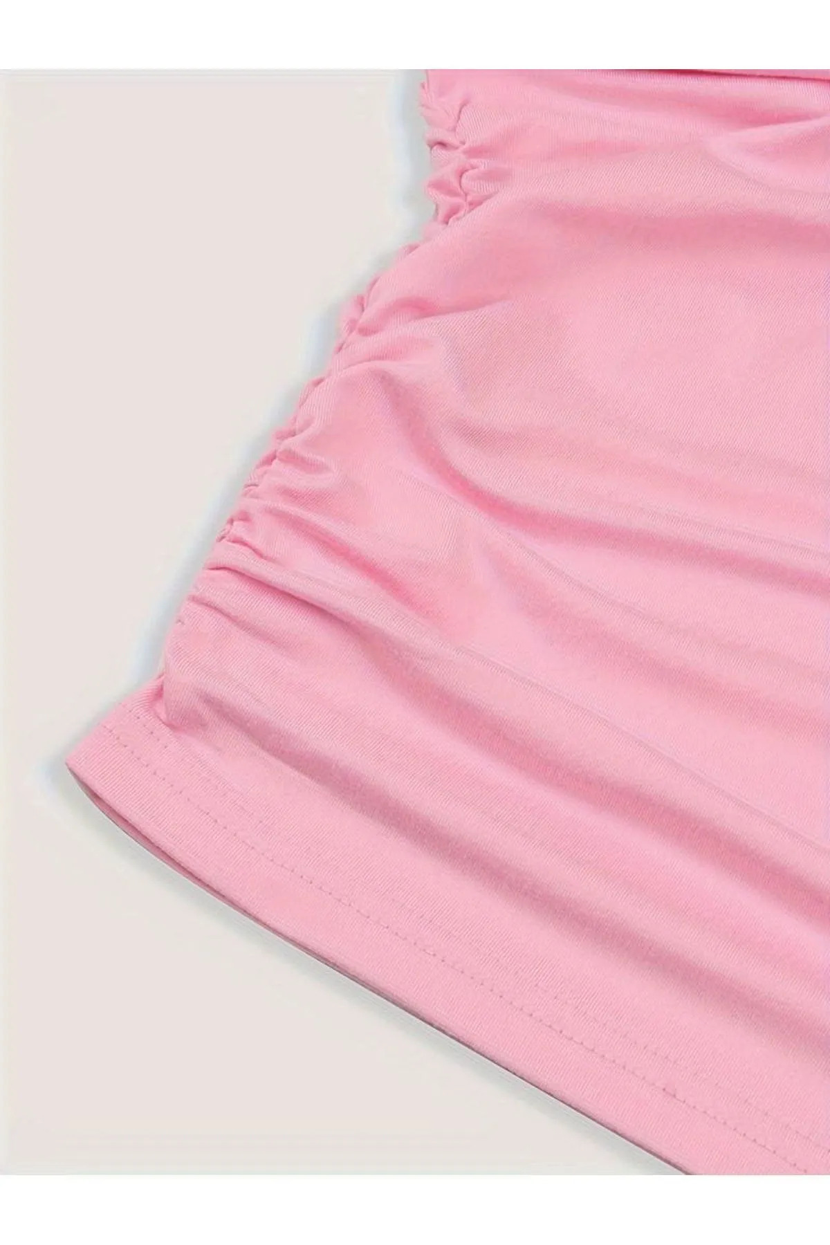 Marin Star  Pembe Fiyonklu Yazlık Likralı Crop,Pembe Omuzdan Bağlamalı Fiyonk Geniş Askılı Bluz Üst,Büzgülü Crop - Görsel 4