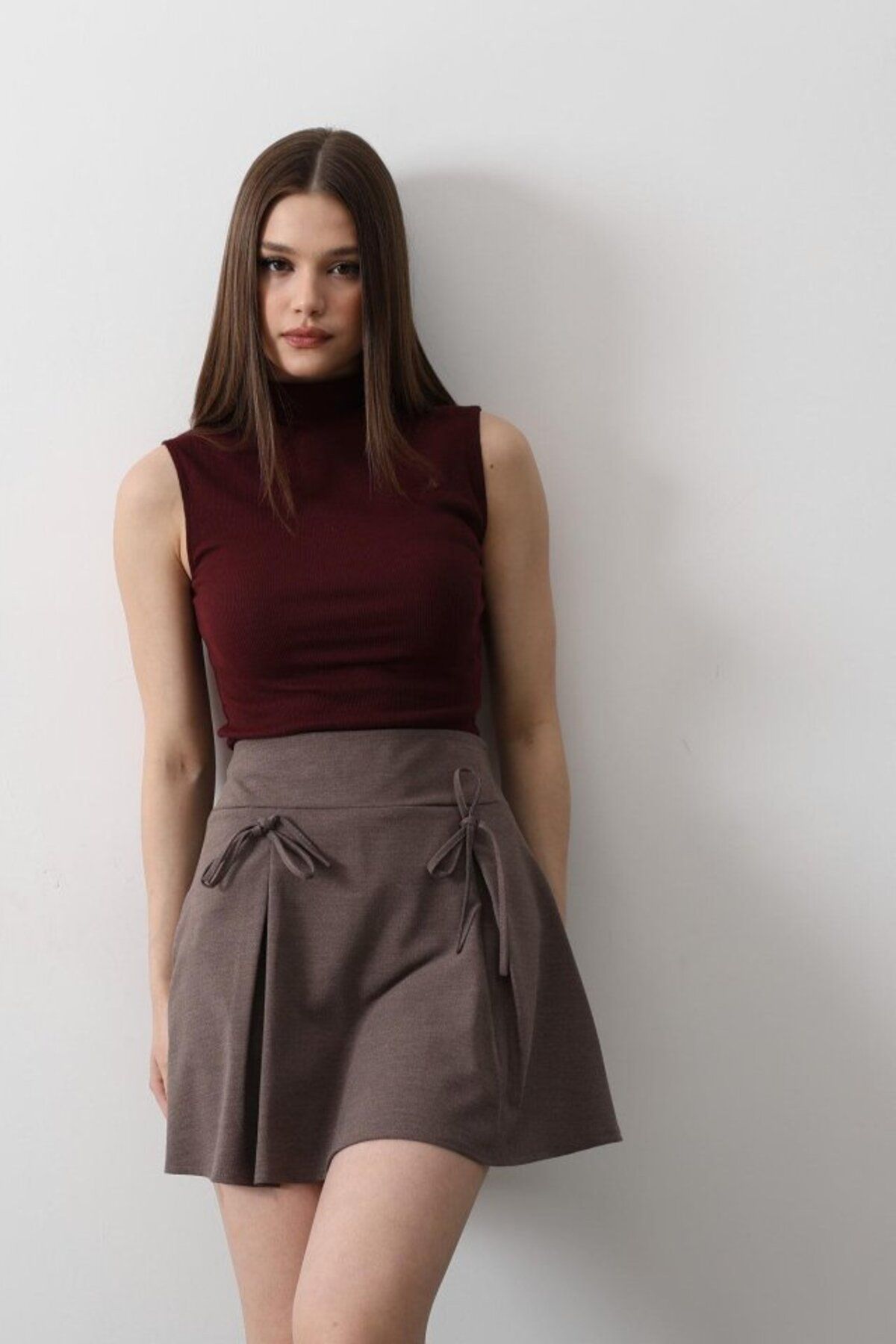 ASFSTORE Kurdela Detaylı Mini Etek - Kahve
