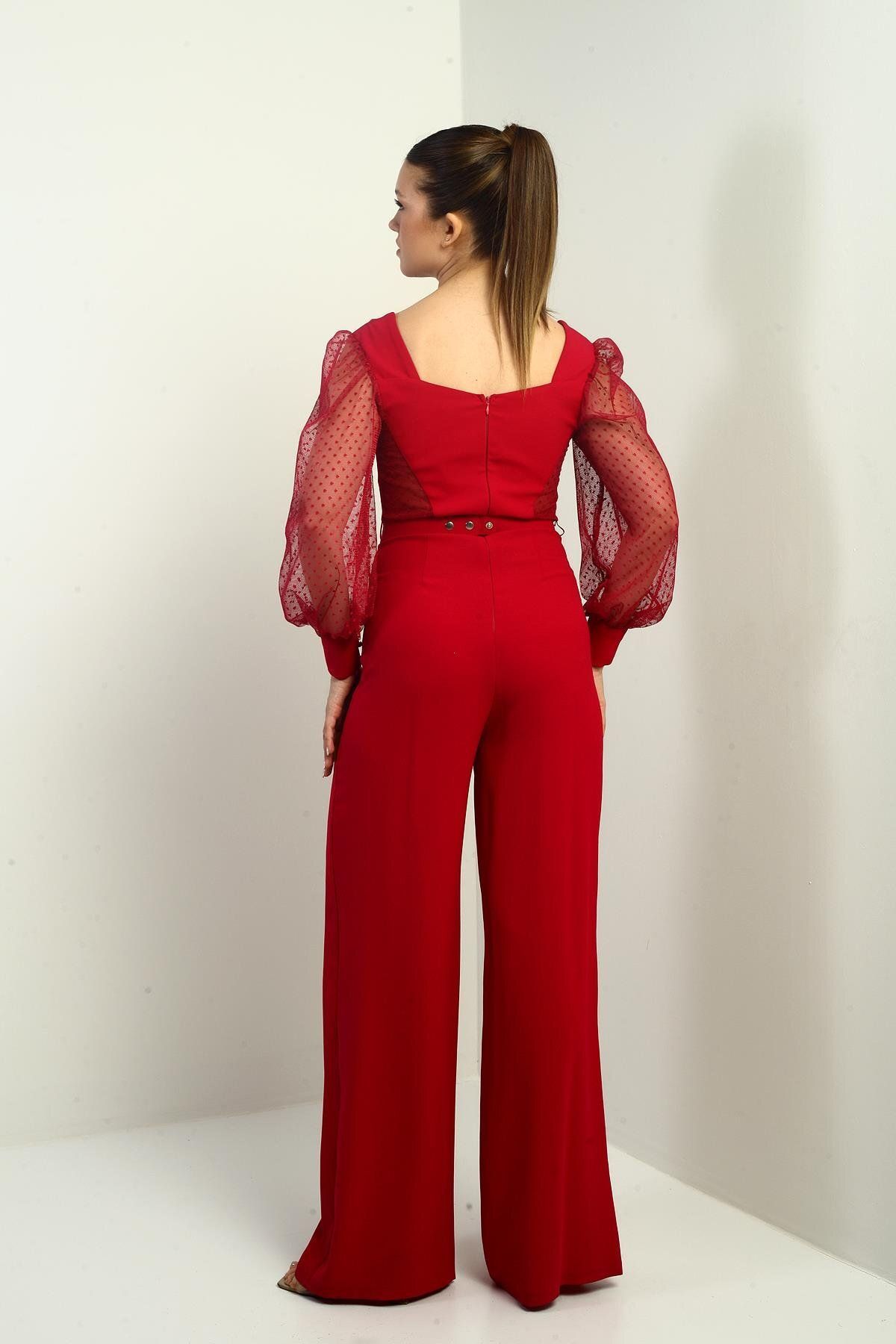 By Saygı-Women's Sweetheart Neck Long Tulle Sleeve Belted Palazzo Crepe Jumpsuit 4