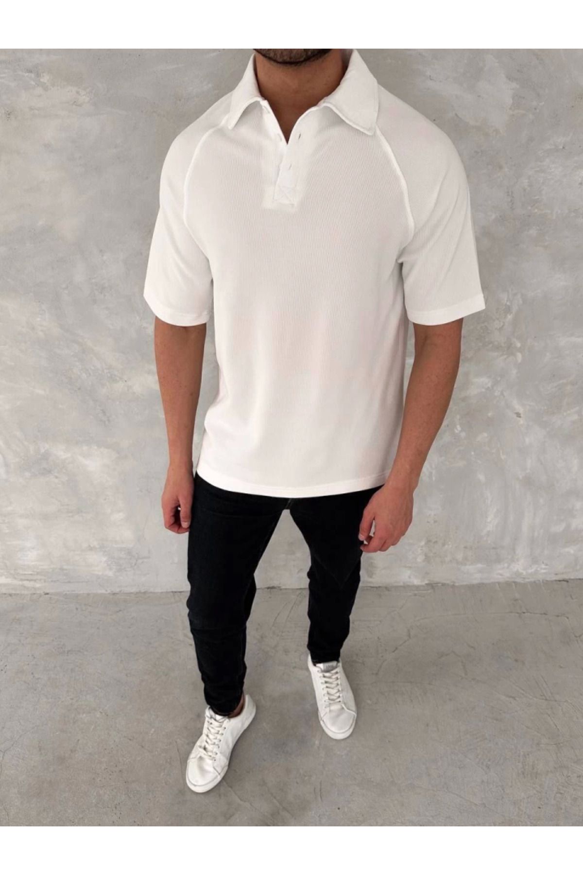 MHT STORE Yakalı Patlı Kısa Kol T-shirt - Beyaz